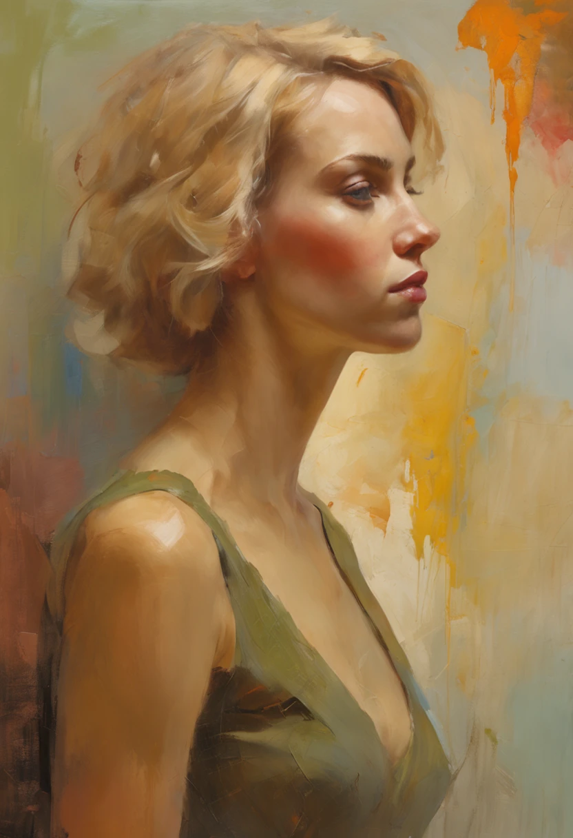 professional, (4k photo:1.1) by (Jeremy Lipking:0.3), (Dittmann Anna:0.3), (Arian Mark:0.3), (Sharp focus:1.3), high detail, wearing (tight shirt:1.2), beautiful detailed face, hazel eyes, short blonde hair, (attractive young woman:1.3), (seductive:1.1), (blushing:1.1), hourglass body shape, natural breasts, wide hips