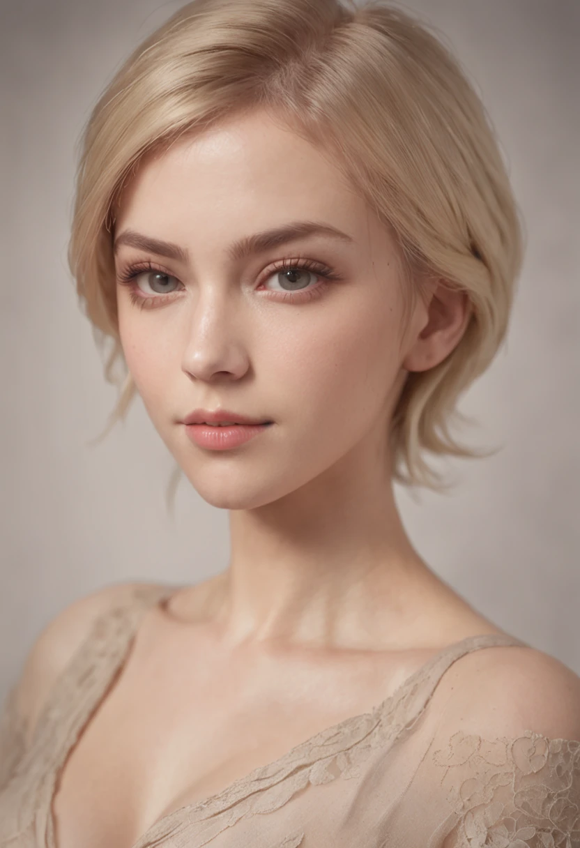 professional, (4k photo:1.1) by (Jeremy Lipking:0.3), (Dittmann Anna:0.3), (Arian Mark:0.3), (Sharp focus:1.3), high detail, wearing (tight shirt:1.2), beautiful detailed face, hazel eyes, short blonde hair, (attractive young woman:1.3), (seductive:1.1), (blushing:1.1), hourglass body shape, natural breasts, wide hips