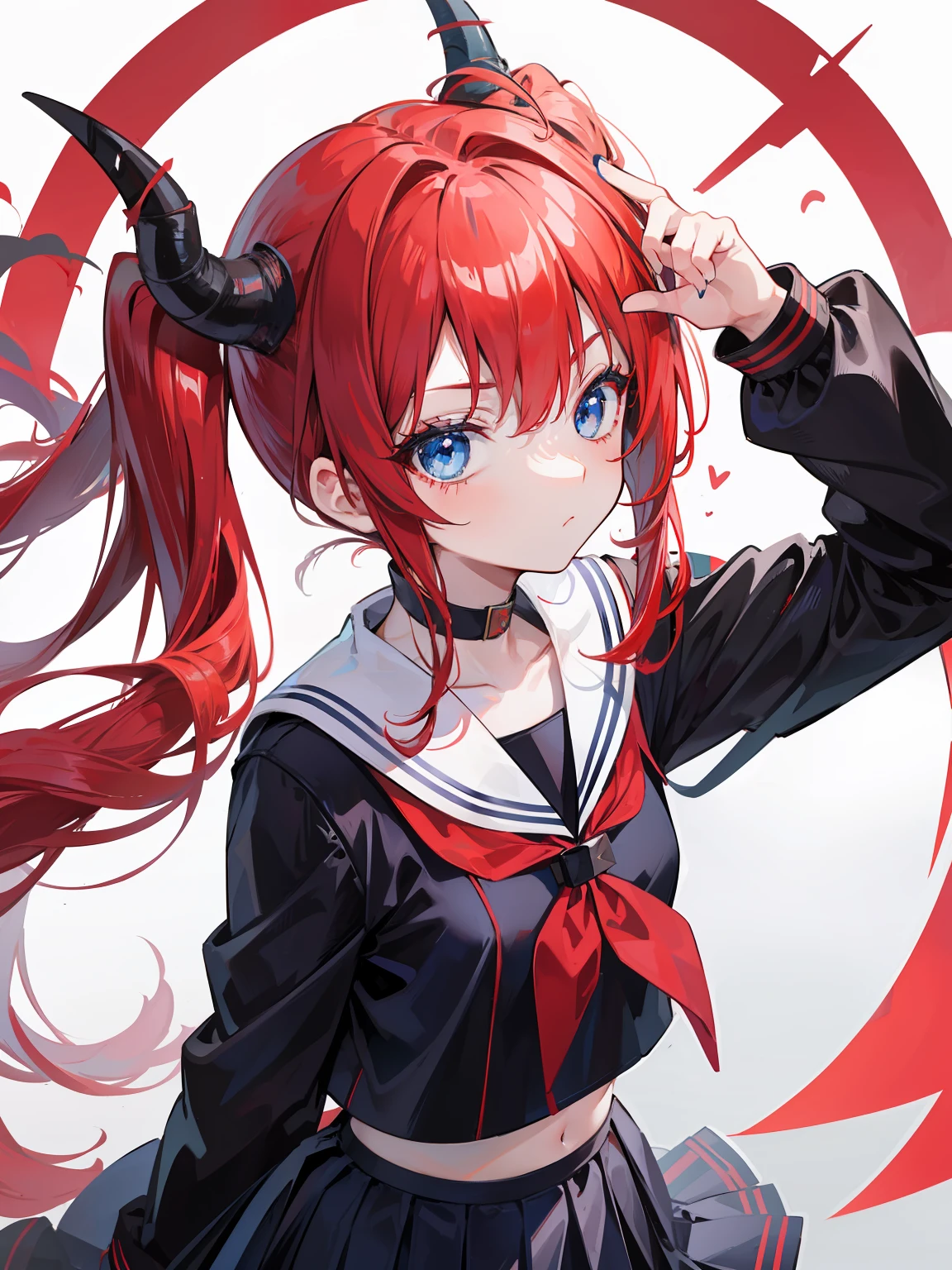 red hair, blue eyes, twintails, Sailor suit,black coat, Dragon horns,Pleated skirt,solo,li,cute,bow