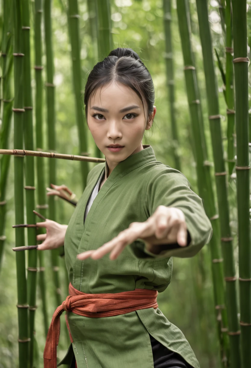 1 girl, kung fu, green bamboo forest, surrounded by rain, illustration style, motion blur, long exposure fullbody, exquisite facial features, Chinese styleink style, martial arts style, selective focus, panorama, (Bokeh:1.5)