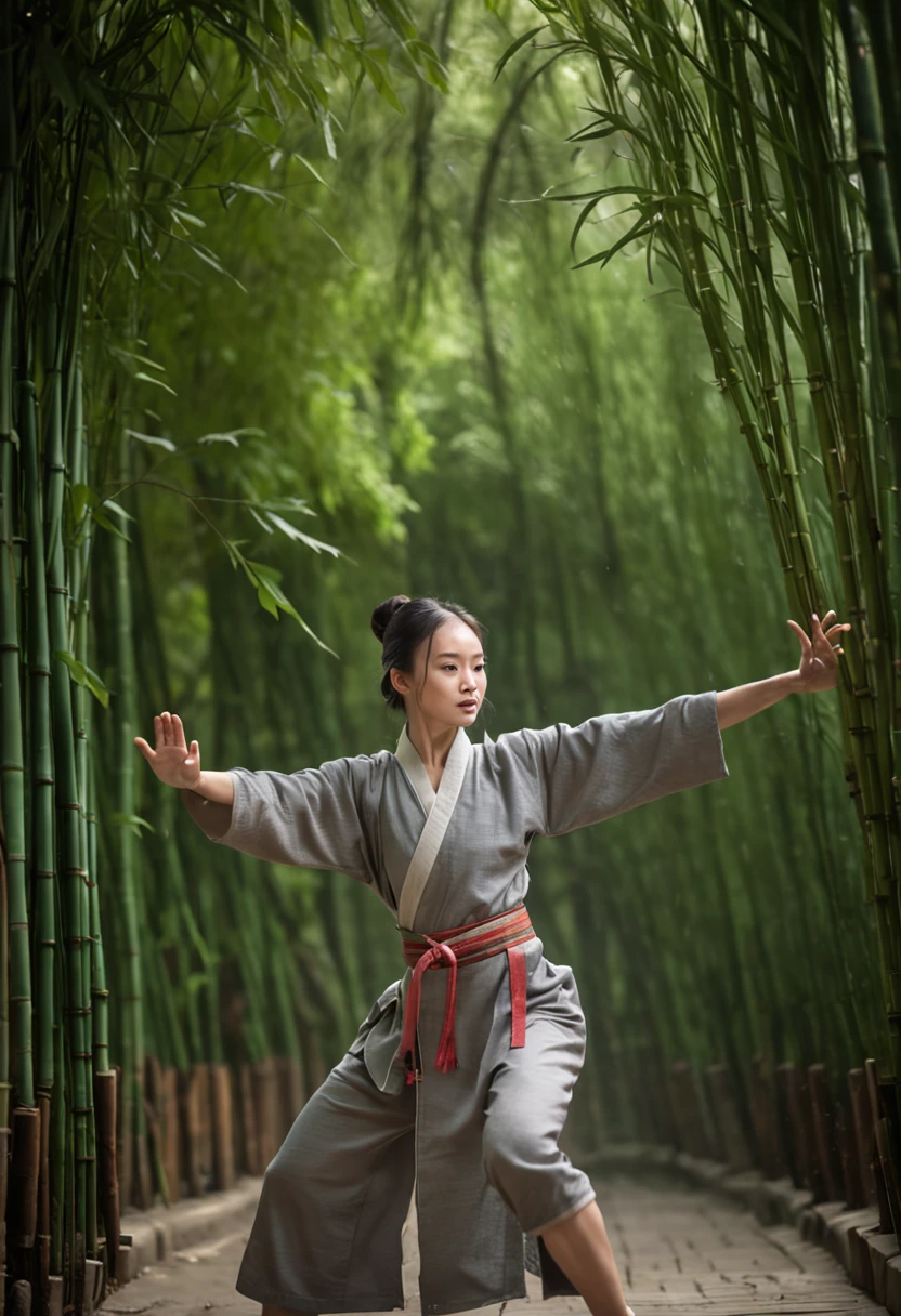 1 girl, kung fu, green bamboo forest, surrounded by rain, illustration style, motion blur, long exposure fullbody, exquisite facial features, Chinese styleink style, martial arts style, selective focus, panorama, (Bokeh:1.5)