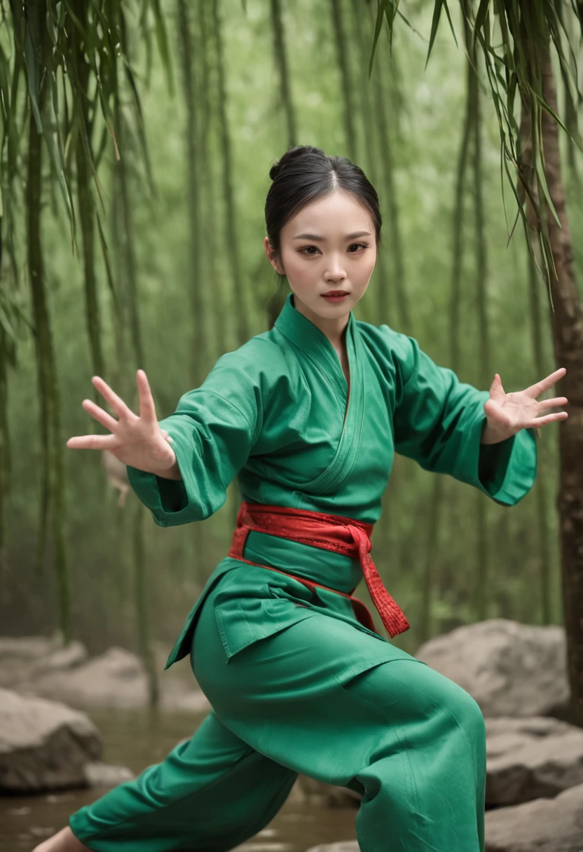 1 girl, kung fu, green bamboo forest, surrounded by rain, illustration style, motion blur, long exposure fullbody, exquisite facial features, Chinese styleink style, martial arts style, selective focus, panorama, (Bokeh:1.5)