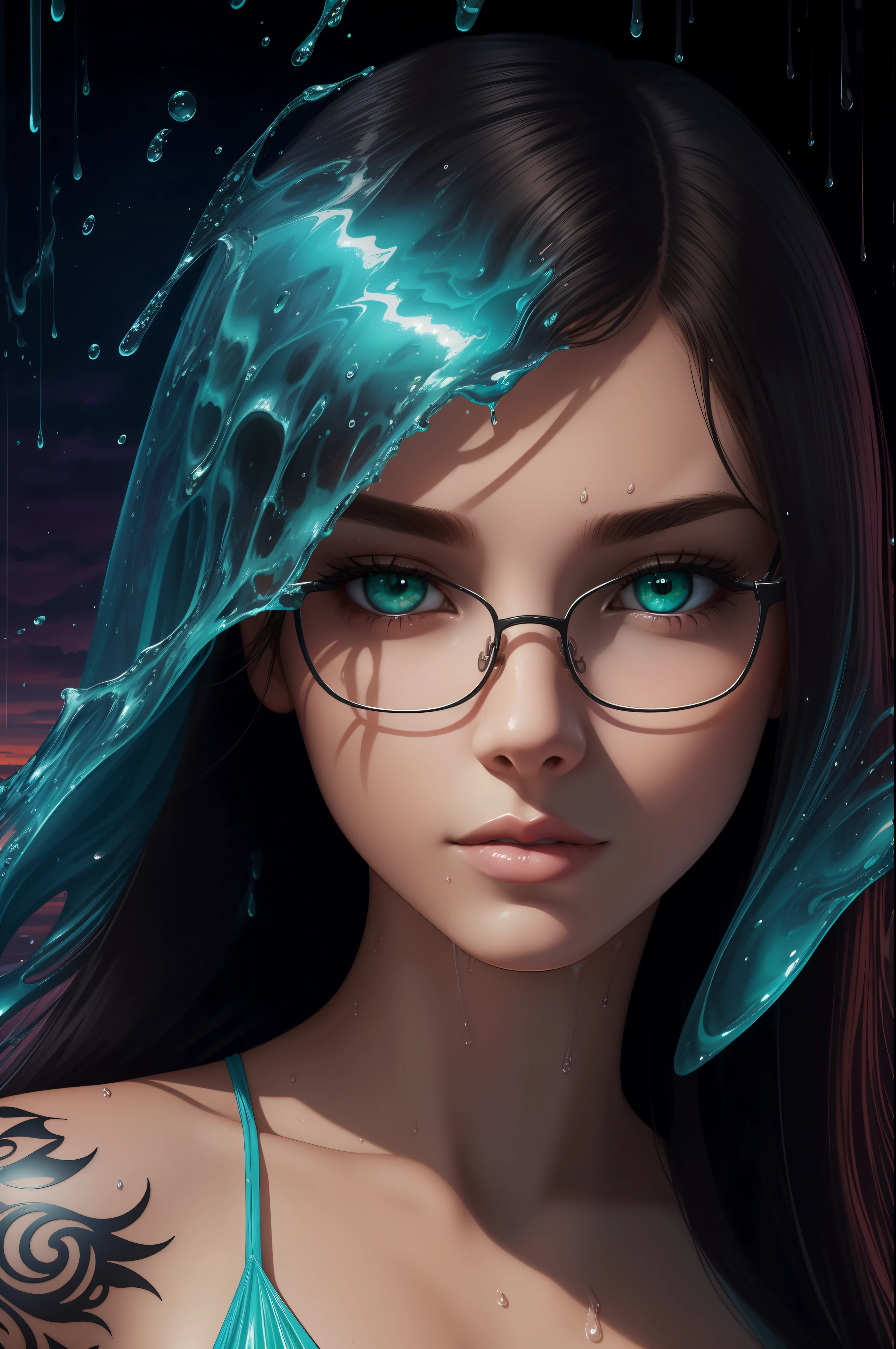 Realistic, full-body portrait of a young woman, 20 years old. perfect body, realistic perfect body composition, wet body in the rain, waterfall scene. realistic beautiful green eyes, cool face, fair skin, good looking, tattoo art, sexy sexy liquid acrylic outfit, glasses, warm dreamy light, volumetric light, powder adventure style paper, dynamic gradients, vivid colors, illustrations, highly detailed vector curves, simple, smooth and clean, vector art, smooth, character design, cinematic, Surrealism, posters, masterpiece collection, lush vivid colors, sunsets, wet gouache. High image quality, meticulous detail, perfect realistic work