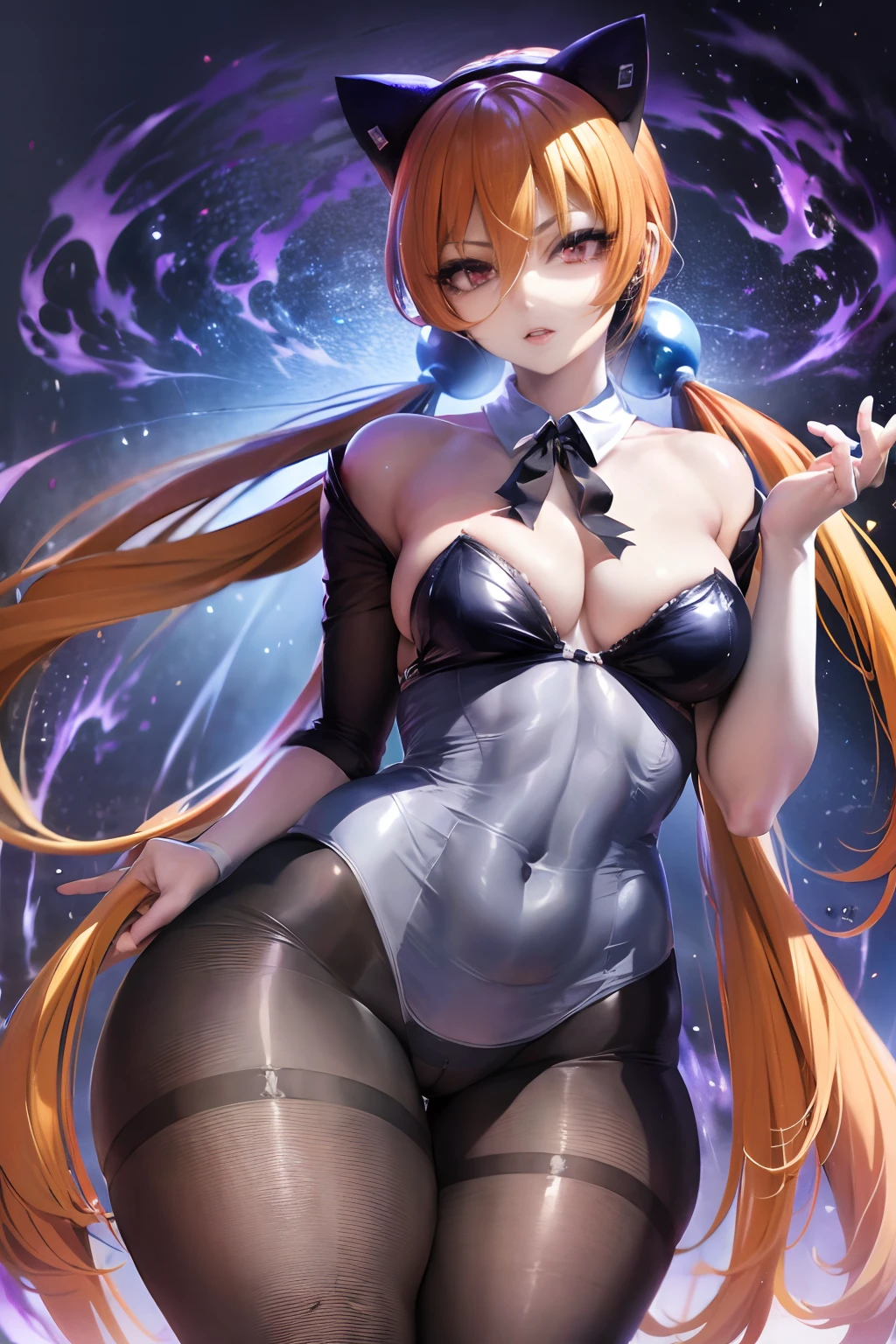 photorealistic, (hyperrealistic:1.2), beautiful, masterpiece, best quality, extremely detailed face, perfect lighting, full body, large breasts, wide hips, thick thighs, detailed eye makeup, detail face, nice detailed eyes, slanted eyes, heavy eye makeup, 1girl, long hair, (low) twin-tails, (beautiful clear Blue ball hair fastening), cute cheeky smile face, simple background, grey background, glossy orange hair, juicy thick thighs, full body, shiny skin, smooth skin, skinny body, (young:1.3), (flat chest:1), perfect anatomy, absurdly long hair, bangs, eyes visible through hair, twintails, shiny hair, cute anime face, no facial features, clear eyes, closed_mouth, flat chest, best quality, purple eyes, white skin, headband, extremely detailed CG unity 8k wallpaper, ultra detailed, extremely , LOOK AT THE VIEWER,