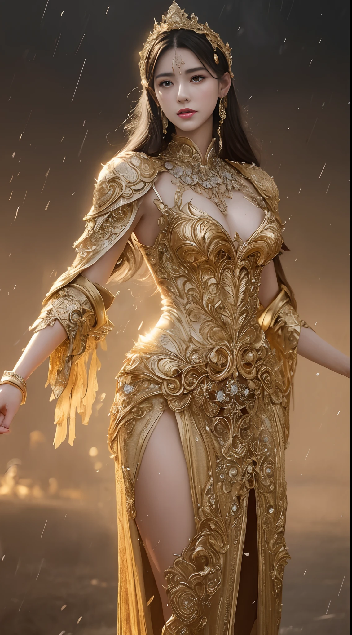 Woman in gold dress, Real Art Station, Heavy rain scene, detailed fantasy art, Stunning character art, Beautiful exquisite character art, Beautiful gold armor, Extremely detailed, Girl in Shining Armor, Exquisite Intricate Headdress and Jewelry, Full body capture,