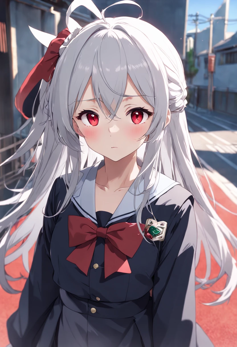 LoveLive style, solo, young girl, Long pure white hair, cyanic green eyes, black and red Japanese school uniform, JK, student, face focus,front, model shoot style,looking at the viewer