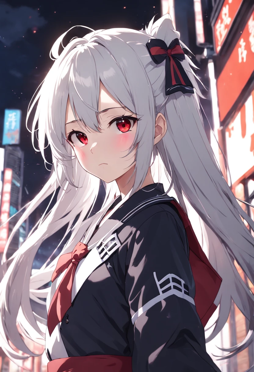 LoveLive style, solo, young girl, Long pure white hair, cyanic green eyes, black and red Japanese school uniform, JK, student, face focus,front, model shoot style,looking at the viewer