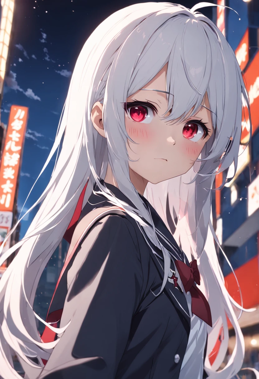 LoveLive style, solo, young girl, Long pure white hair, cyanic green eyes, black and red Japanese school uniform, JK, student, face focus,front, model shoot style,looking at the viewer