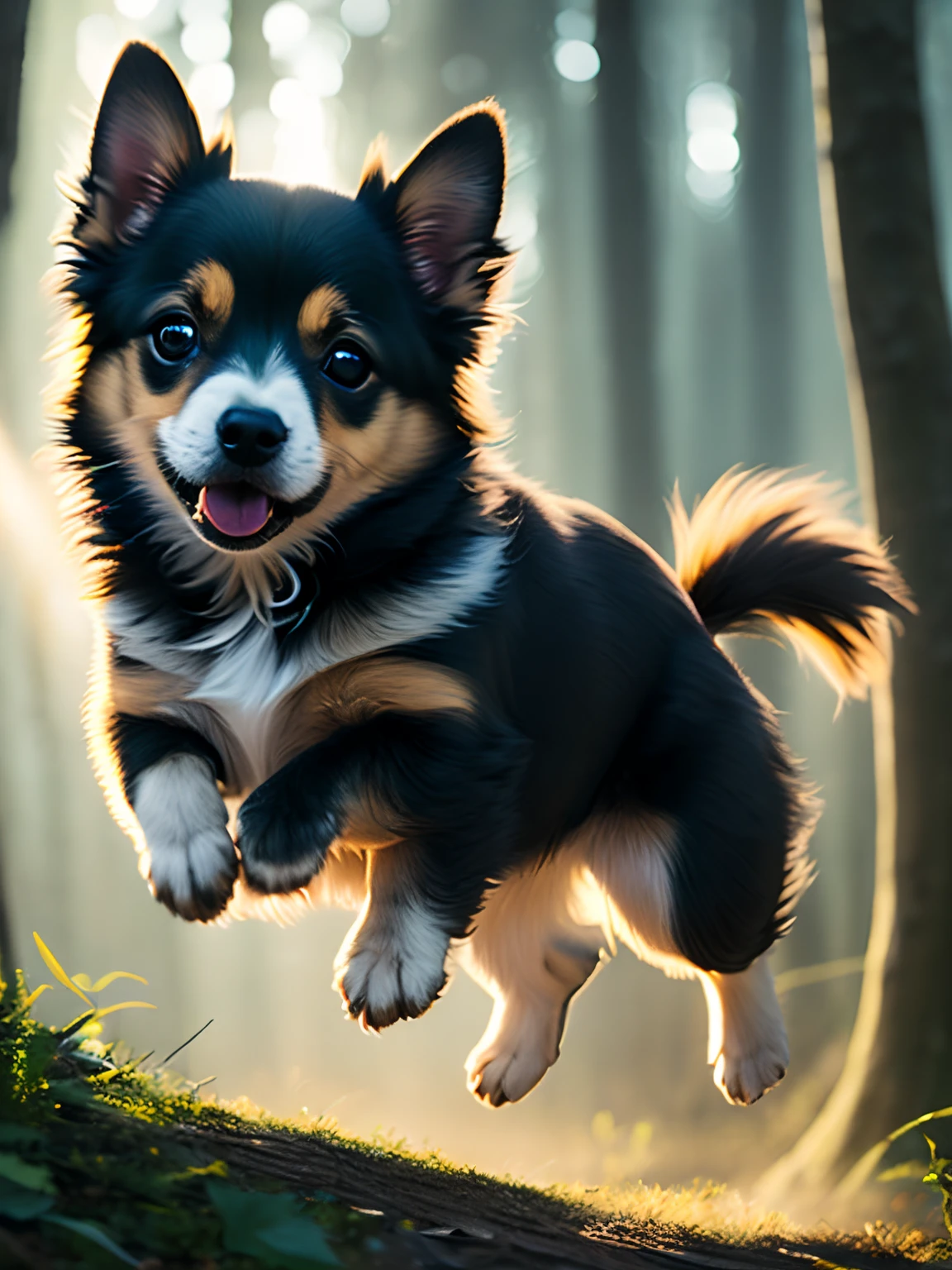 close up photo of a very cute jumping puppy in the forest, soft volumetric lights, (backlit:1.3), (cinematic:1.2), intricate details, (ArtStation:1.3), Rutkowski