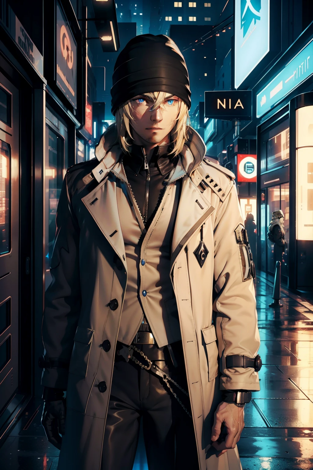 long blonde hair, black bonnet, blue eyes, beige coat, in a futuristic city, nevada, metropole, 4k