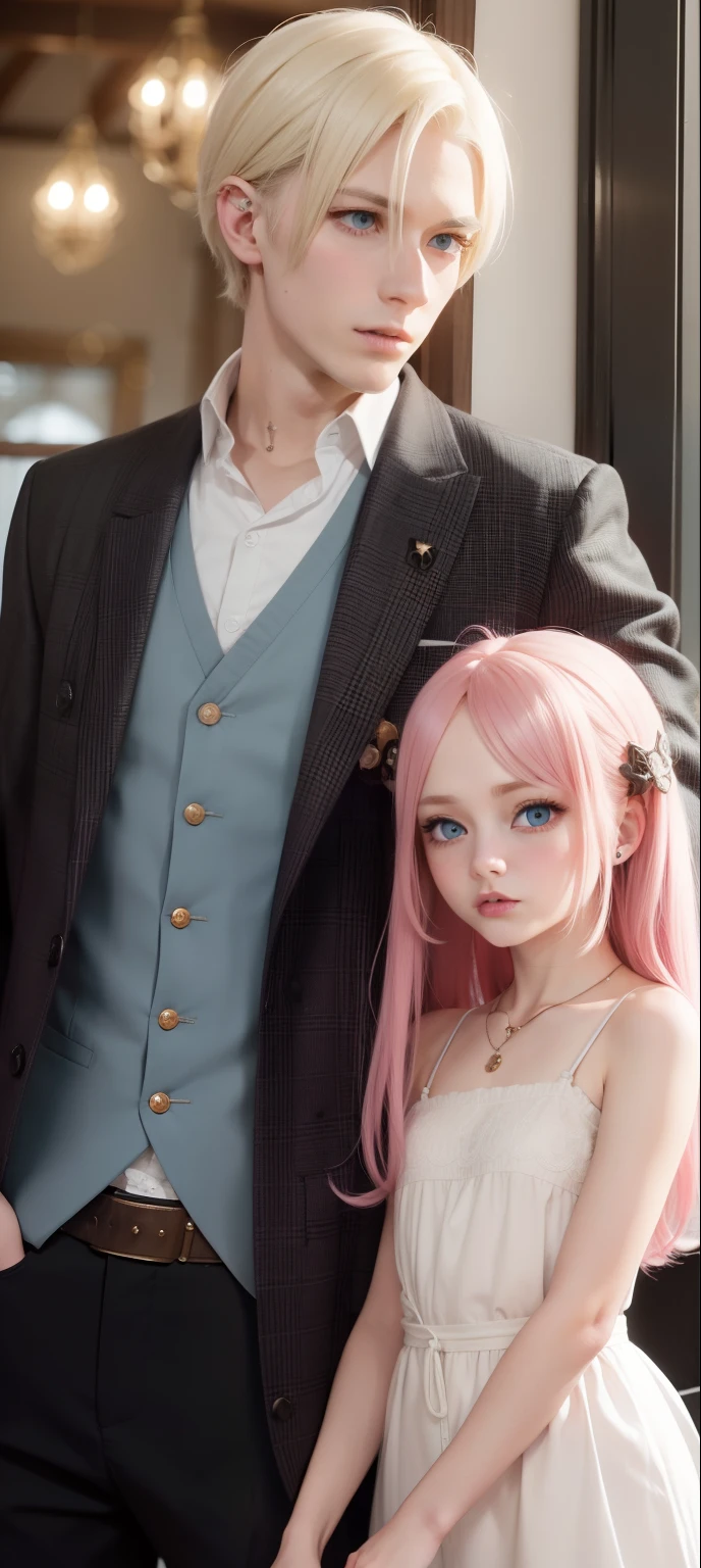 masterpiece, top-quality, 2Others, Male and female couples, 1 man and 1,, Adults, Height difference, different color, finely eye and detailed face, intricate detailes, Wizarding World Costumes, Inside the coffee shop, During the walk, A smile, Happiness, tenderness, youthfulness, high-level image quality、 Beautiful men and women、tall、window、𝓡𝓸𝓶𝓪𝓷𝓽𝓲𝓬、British men, Idol Photos, k pop, Professional Photos, Vampires and witches, Fedoman with necklace, inspired by Sim Sa-jeong, androgynous vampire, :9 detailed face: 8, extra detailed face, detailed punk hair, ((Light blue eyes)) baggy eyes, Seductive. Highly detailed, semi realistic anime, Vampires, hyperrealistic teen, delicate androgynous prince, imvu, short hair above the ears, Man with short hair, Woman with long hair, With a man with a glaring expression, Woman with a gentle expression, ((With an Englishman with short blonde hair and light blue eyes)), ((Woman with pretty long pink hair and light blue eyes)),