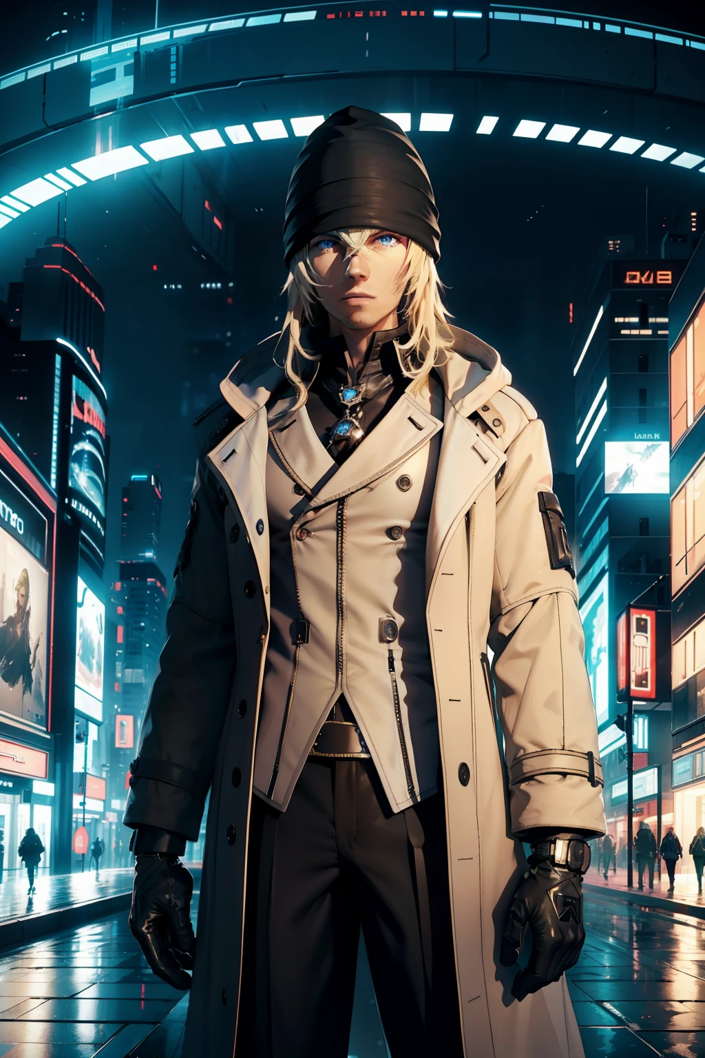 long blonde hair, black bonnet, blue eyes, beige coat, in a futuristic city, nevada, metropole, 4k