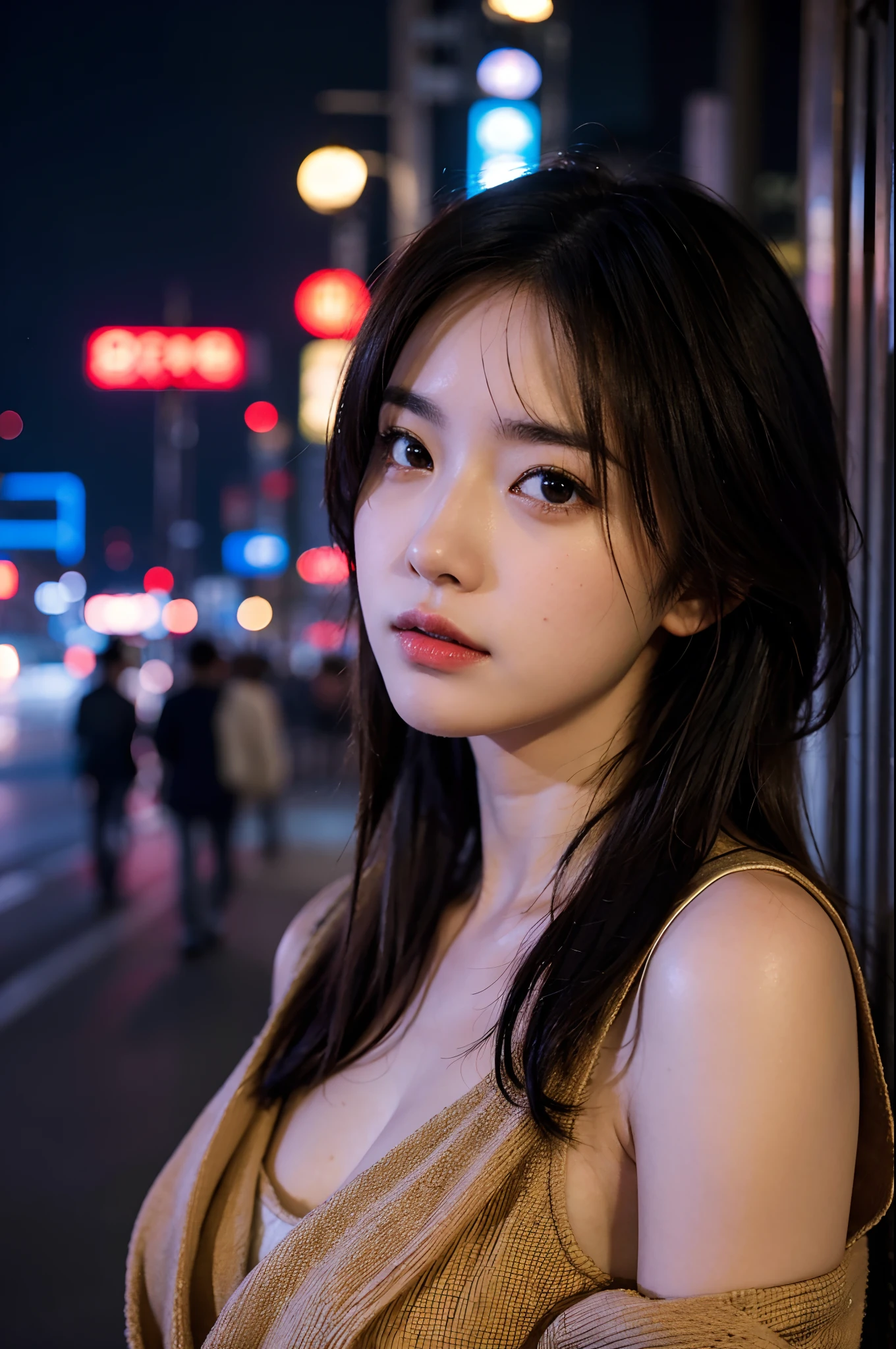 1girl, Tokyo street,night, cityscape,city lights, upper body,close-up, 8k, RAW photo, best quality, masterpiece,realistic, photo-realistic,