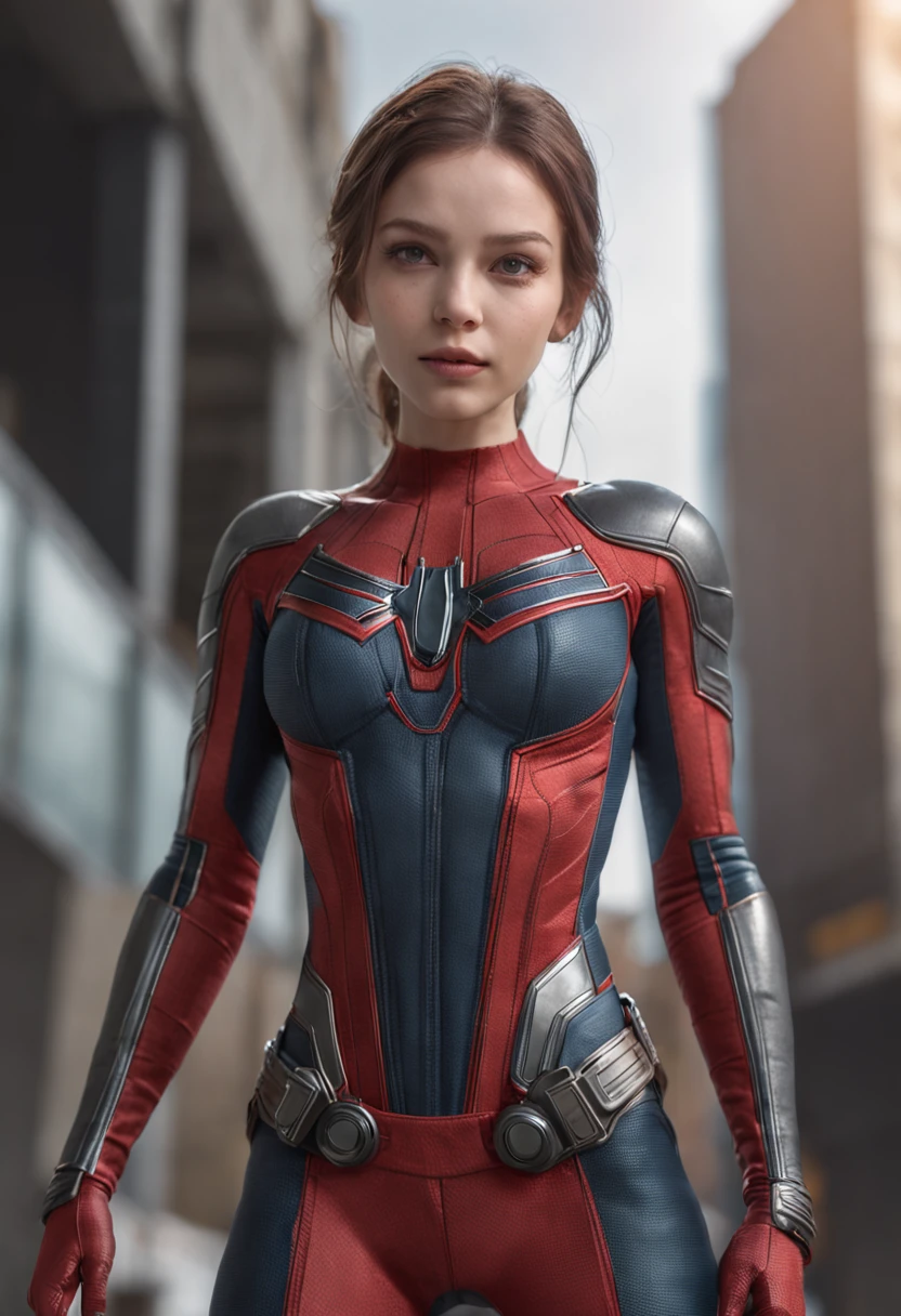RAW, Masterpiece, Super Fine Photo, Best Quality, Ultra High Resolution, Photorealistic Photorealism, Sunlight, Full Body Portrait, Amazing Beauty, Dynamic Pose, Delicate Face, Big Breasts, Vibrant Eyes, (from the side), She Wears Futuristic Steel Woman Spider-Man costume, Very Detailed Background, Detailed Face, Detailed Complex Busy Background, Messy, Gorgeous, Milky White, Highly Detailed Skin, Realistic Skin Details, Visible Pores, Sharp Focus, Volume Fog, 8k UHD, DSLR camera, high quality, film grain, fair skin, photorealism, lomography, huge metropolis in a future dystopia, seen from below, translucent