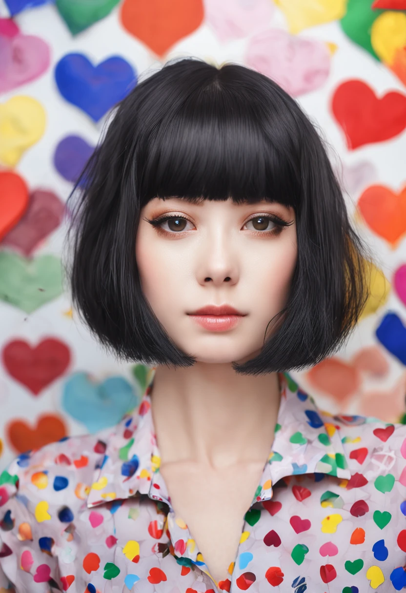Beautiful girl with black hair bob cut::style Pointillism style、It consists of only small hearts、Colorful Hearts、Highly detailed ::n_style Illustration、Photorealsitic、highcontrast