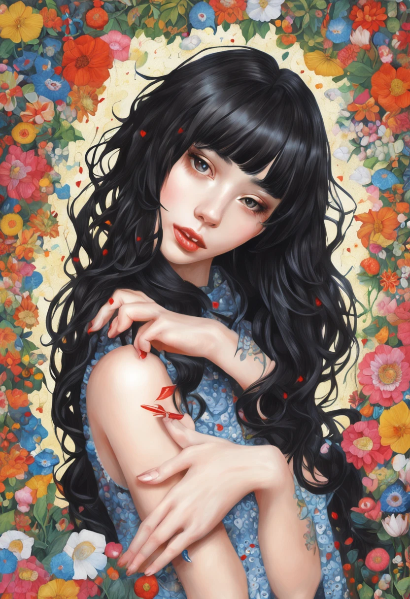 Beautiful girl with black hair bob cut::style Pointillism style、It consists of only small hearts、Colorful Hearts、Highly detailed ::n_style Illustration、Photorealsitic、highcontrast