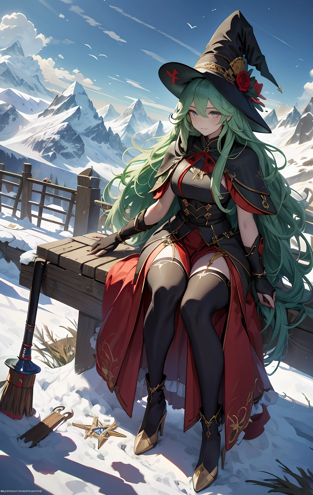 best qualityer，tmasterpiece，Ultimate resolution，downy，Extremely colorful，Colorful，Alpine background，Sky flight，（Red magic robe long dress），Long flowing green hair，The Witch，a matural female，red high heel pumps，Sit on a magical broom，flight，Normal posture