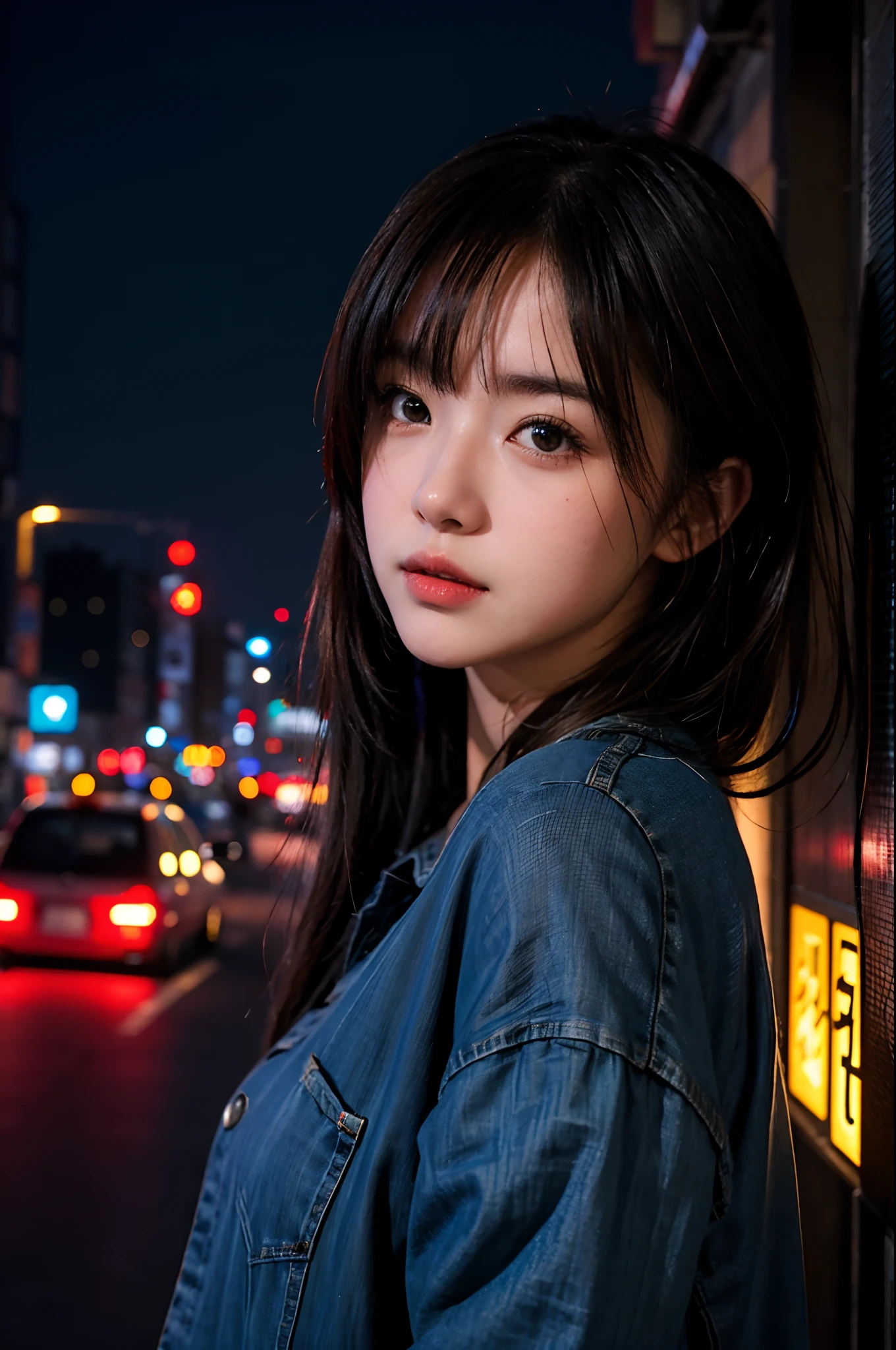 1 girl 、Streets of Tokyo、natta、A city scape、city light、The upper part of the body、a closeup、8k、RAW Photography、top-quality、​masterpiece、realisitic、Photorealsitic、