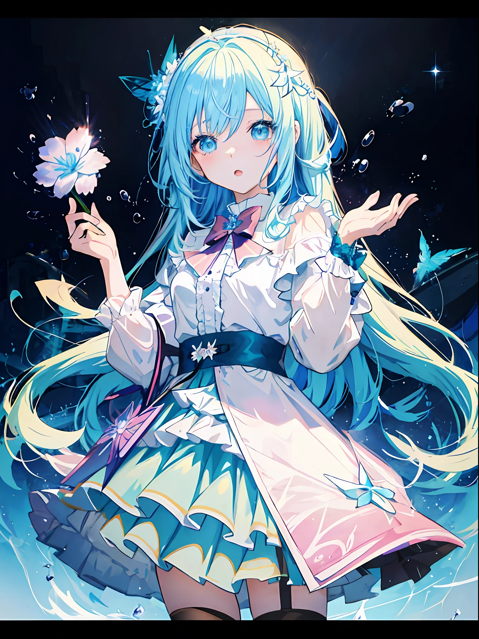 Anime girl with long hair and blue eyes holding a flower, Splash art anime Loli, cute anime waifu in a nice dress, loli in dress, Best anime 4k konachan wallpaper, mikudayo, Anime art wallpaper 8 K, style of anime4 K, Anime art wallpaper 4 K, Anime art wallpaper 4k, Anime girl with teal gradient hair，tmasterpiece，Best quality at best，Beautiful detail for the eyes，eyes with brightness，Stars in Eyes，Sparkling anime eyes