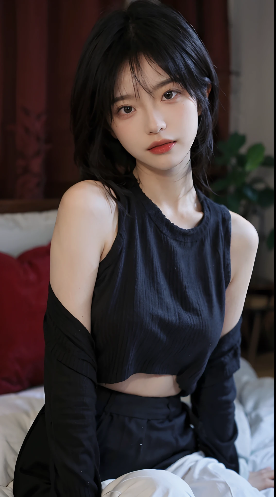 best qualtiy， 超高分辨率， （realisticlying：1.4），cute hairpin，1girll，Cropped red sweater ，Full of atmosphere，Beautiful woman with a slim figure:1.4, Abs:1.1, 浴室,Ultra-fine face，Elaborate Eyes，二重まぶた，head straight-looking at viewer，
