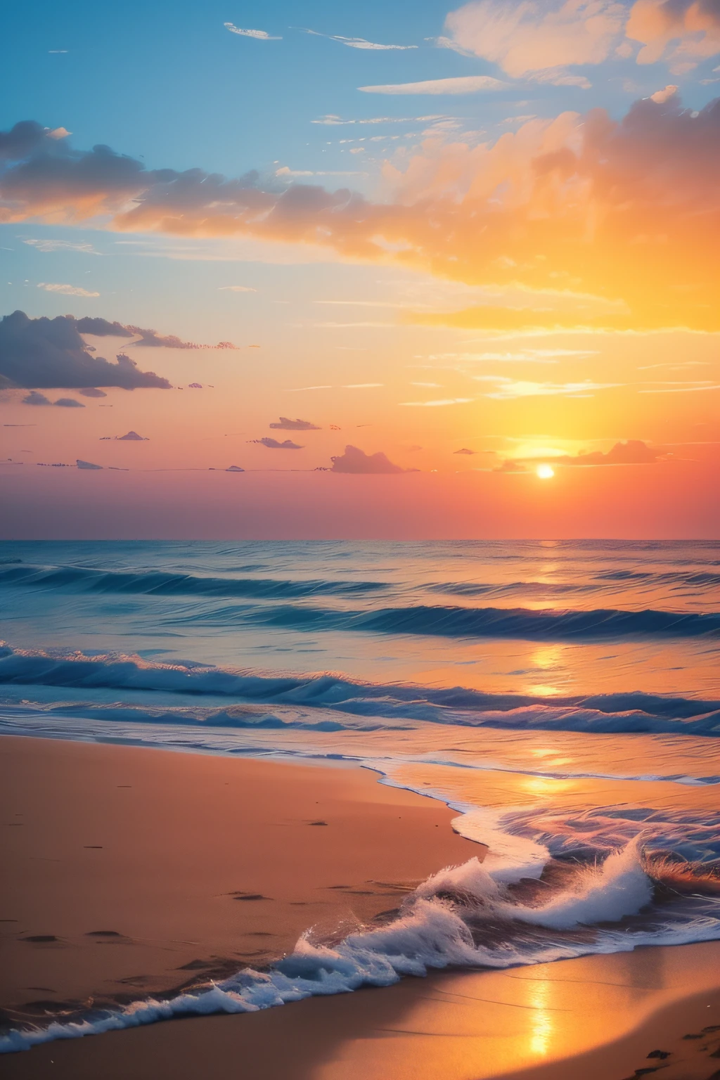 Absolutely mesmerizing sunset on the beach，The sky is mixed with orange、Pink and yellow。Blue sky and white clouds The water kisses the coast gently，The yellow sand is boundless。The scene is full of movement，breath-taking，Seagulls soar high in the air.Immerse yourself in a calm atmosphere，Let the tranquil surroundings surround you。