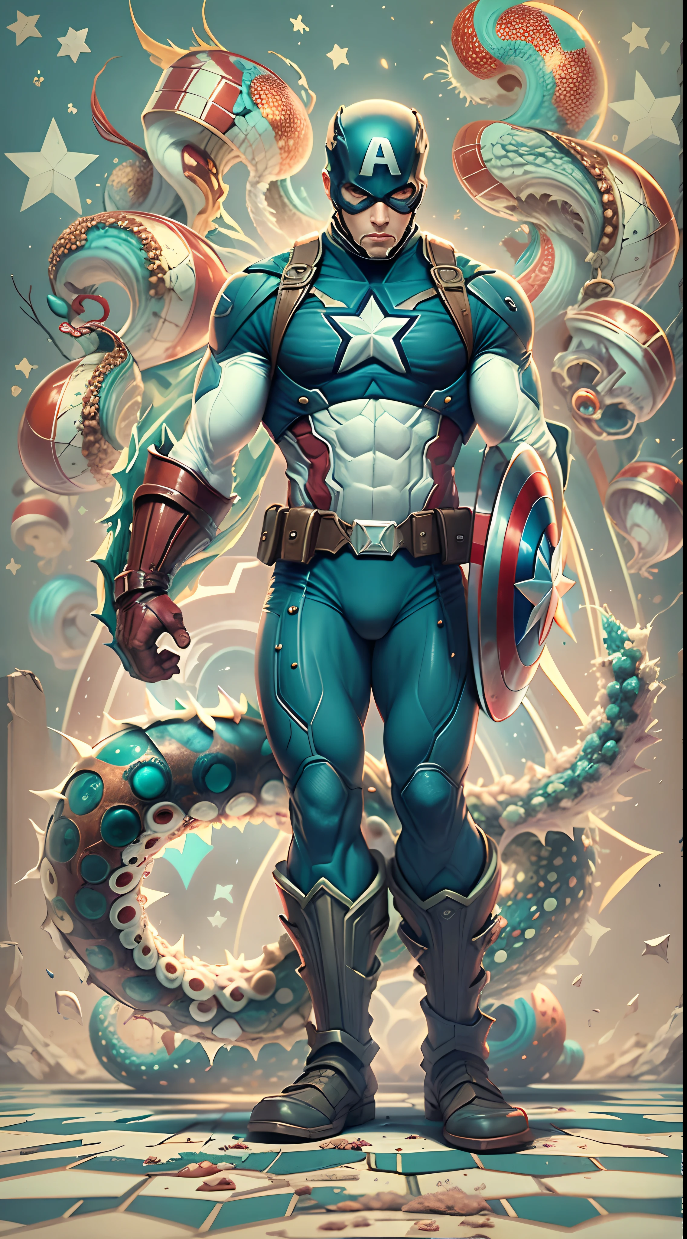 The image presents a creative and unusual representation of the "Captain America" na forma de um polvo. In this unique merger, the distinctive elements of Captain America blend surprisingly with the characteristics of an octopus, resultando em uma figura cativante.
The octopus' body is stylized with Captain America's iconic shield, agora incorporado como parte integrante do corpo do polvo. Its eight tentacles feature the characteristic colors and stars of the hero's uniform, criando um efeito visual impactante.
The octopus' eyes are expressive and reflect Captain America's determination and courage. His expression is confident and vigilant, conveying the feeling of a tireless guardian.
A paleta de cores inclui o vermelho, blue and white characteristic of Captain America's uniform, contrastando com a tonalidade natural do polvo. detalhes sutis, como as estrelas no corpo do polvo, strengthen the fusion between the two elements..
This image provides an intriguing and unique interpretation of Captain America, apresentando-o sob uma nova perspectiva como um polvo heroico. It evokes a sense of surprise and wonder, convidando o espectador a explorar as possibilidades criativas de combinar diferentes elementos de maneira imaginativa.