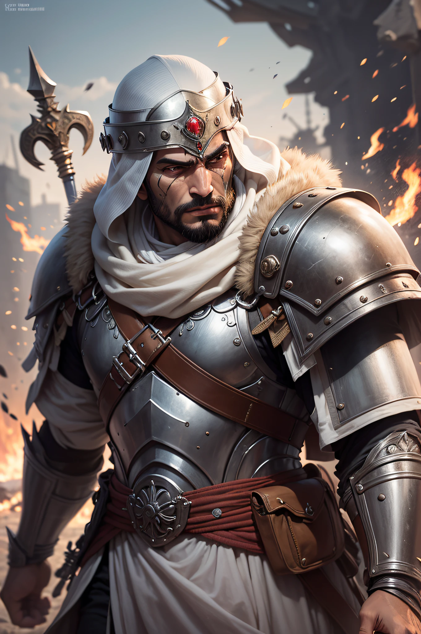 The Battle of Mu'tah: The Battle of Mu'tah was a pivotal moment in Khalid bin Waleed's journey as a legendary warrior. In this battle, he commanded a small, valiant army against overwhelming odds, showcasing his strategic brilliance, unwavering faith, and indomitable spirit. Khalid's attire on this battlefield was a blend of traditional Arabian garments and protective armor. His robe bore the marks of his heritage, while the armor he wore reflected his preparedness for combat. His face, etched with the lines of experience, portrayed a potent mix of determination and faith, both essential in the face of adversity. His intense gaze mirrored the challenges that lay ahead, yet it radiated a confidence fueled by his unshakable belief in the cause he fought for. Khalid's features bore the weight of his responsibilities, both as a leader and as a beacon of courage for his fellow warriors. Prompt: "Conjure an image of the Battle of Mu'tah, a defining moment in Khalid bin Waleed's legendary journey as a warrior. Khalid's appearance is a testament to his strategic brilliance and unwavering faith. Amidst the chaos of battle, Khalid commands a small, determined army. His attire marries the symbols of his Arabian heritage with the practicality of armor, reflecting his role as 'The Sword of Allah.' His face, marked by the lines of battles past, conveys a potent blend of determination and conviction. Capture his intense gaze, a reflection of his unwavering faith and confidence in the face of overwhelming odds. The scene should exude both the chaos of battle and the warrior's resolve that defined Khalid's character, RAW photo, best quality, masterpiece: 1.2), (realistic, photo-realistic: 1.4), (masterpiece: 1.4), (best quality: 1.4) Brown man, resident of Palestine, Rabbi and with 1st century clothes --auto --s2