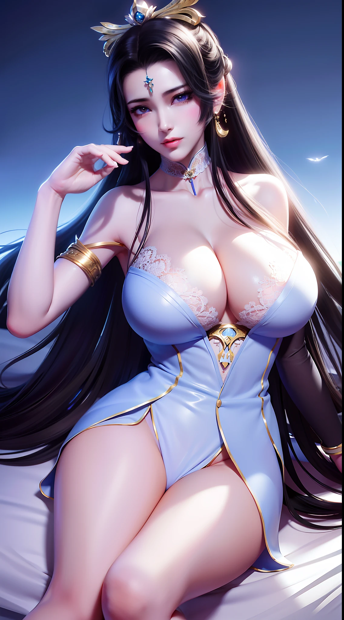 tmasterpiece,Need,Works of masters,best qualtiy,Highest high resolution,16K,The most intricate details,great clarity,(((A girl))),black color hair,Smart eyes,Purple pupils,large ear,exquisite facial features,lipsticks,Wear a white tulle dress,鎖骨,(((Clearly visible cleavage))),huge tit,Snow-white thighs,perfect bodies,(((Lie flat on the bed))),(((Lie flat))),Lie down,(((Sky view))),(((中景 the scene is))),Put your hands behind your head,Hold your head,is shy,adolable,prette,Above thighs,best illuminate,softlighting,The best gaffer,realisticlying,(((Perfect detailing))),