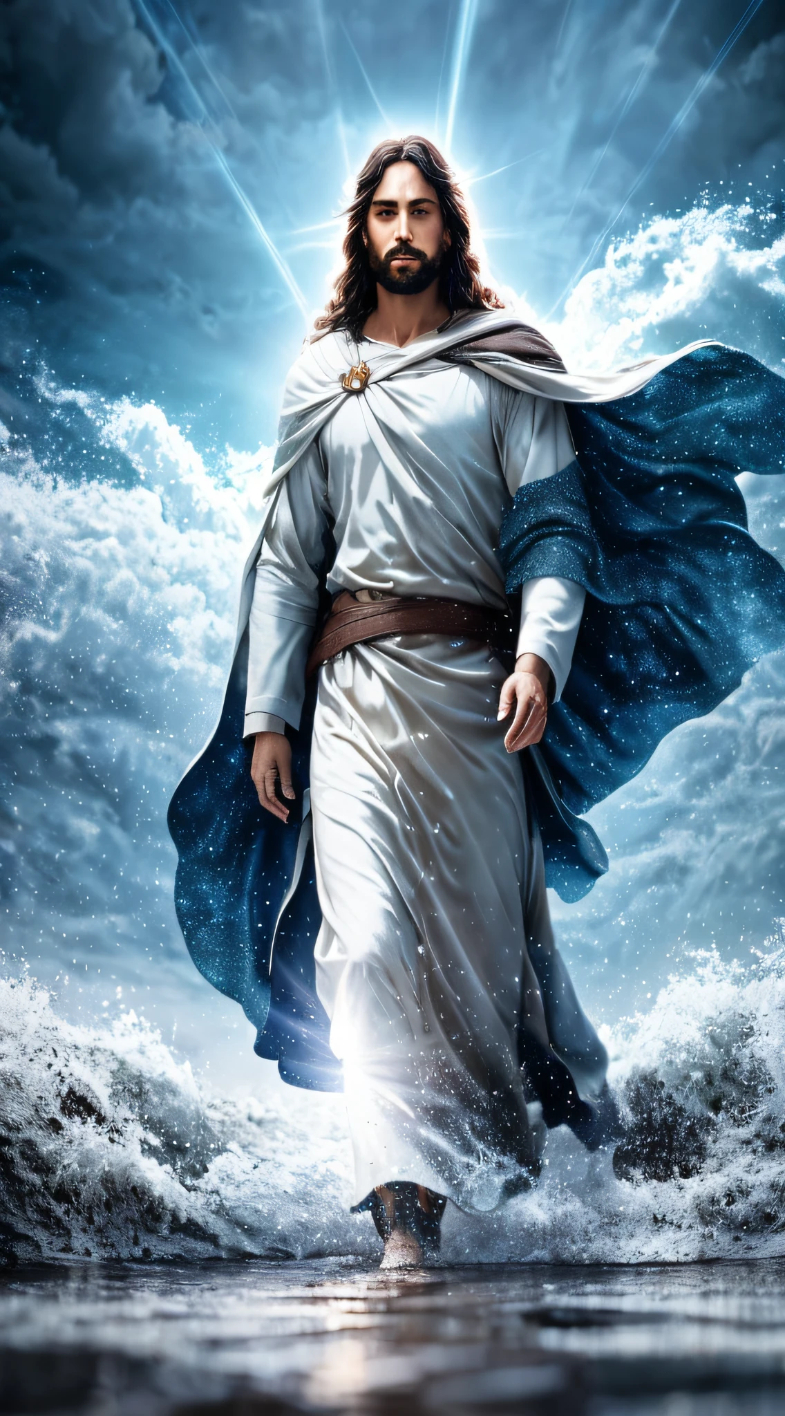 Jesus walking on water in one, soft expression, rays of light descending from the sky, masterpiece, high quality, high quality, highly detailed CG unity wallpaper 8k, award winning photos, bokeh, depth of field, HDR, bloom , chromatic aberration, realistic, very detailed, trending on artstation, trending on CGsociety, complex, high detail, dramatic, mid-journey art, volumetric lighting