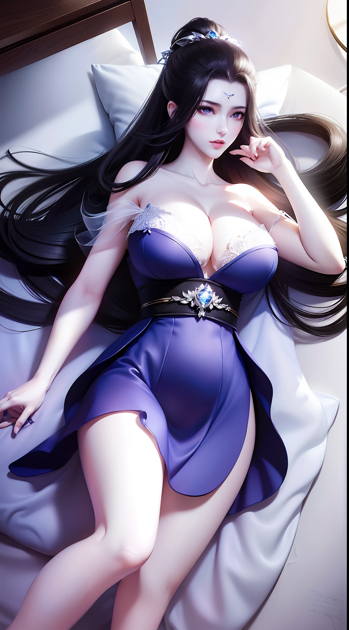 tmasterpiece,Need,Works of masters,best qualtiy,Highest high resolution,16K,The most intricate details,great clarity,(((A girl))),black color hair,Smart eyes,Purple pupils,large ear,exquisite facial features,lipsticks,Wear a white tulle dress,鎖骨,(((Clearly visible cleavage))),huge tit,Snow-white thighs,perfect bodies,(((Lie flat on the bed))),(((Lie flat))),Lie down,(((Sky view))),(((中景 the scene is))),Put your hands behind your head,Hold your head,is shy,adolable,prette,Above thighs,best illuminate,softlighting,The best gaffer,realisticlying,(((Perfect detailing))),