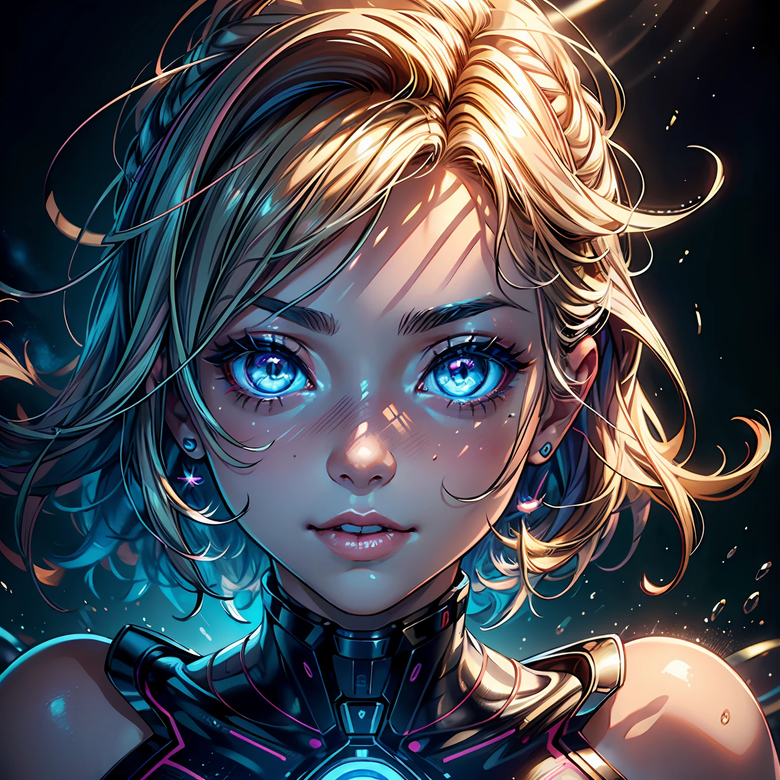 (masterpiece:1.1), (best quality:1.2), (artwork:1.1) of (cyber female, virtual reality, flirty, smiling wide, open mouth, pink, yellow, light yellow, azure, big eyes:1), crepuscular rays, (floating short hair, natural skin, modern haircut, pouty lips, portrait), (crisp:1.1), (ultra detailed, ultra detailed cg neon scenic background), centered, colorful, glowing, (depth of field), wavy hair, finely detailed, (edge detection:1), (120mm), beautiful eyes, (intense lighting:1.1), (ultrasharp), fine art, creative, face, bokeh, photographed on a Fujifilm GFX 100S, light caustics