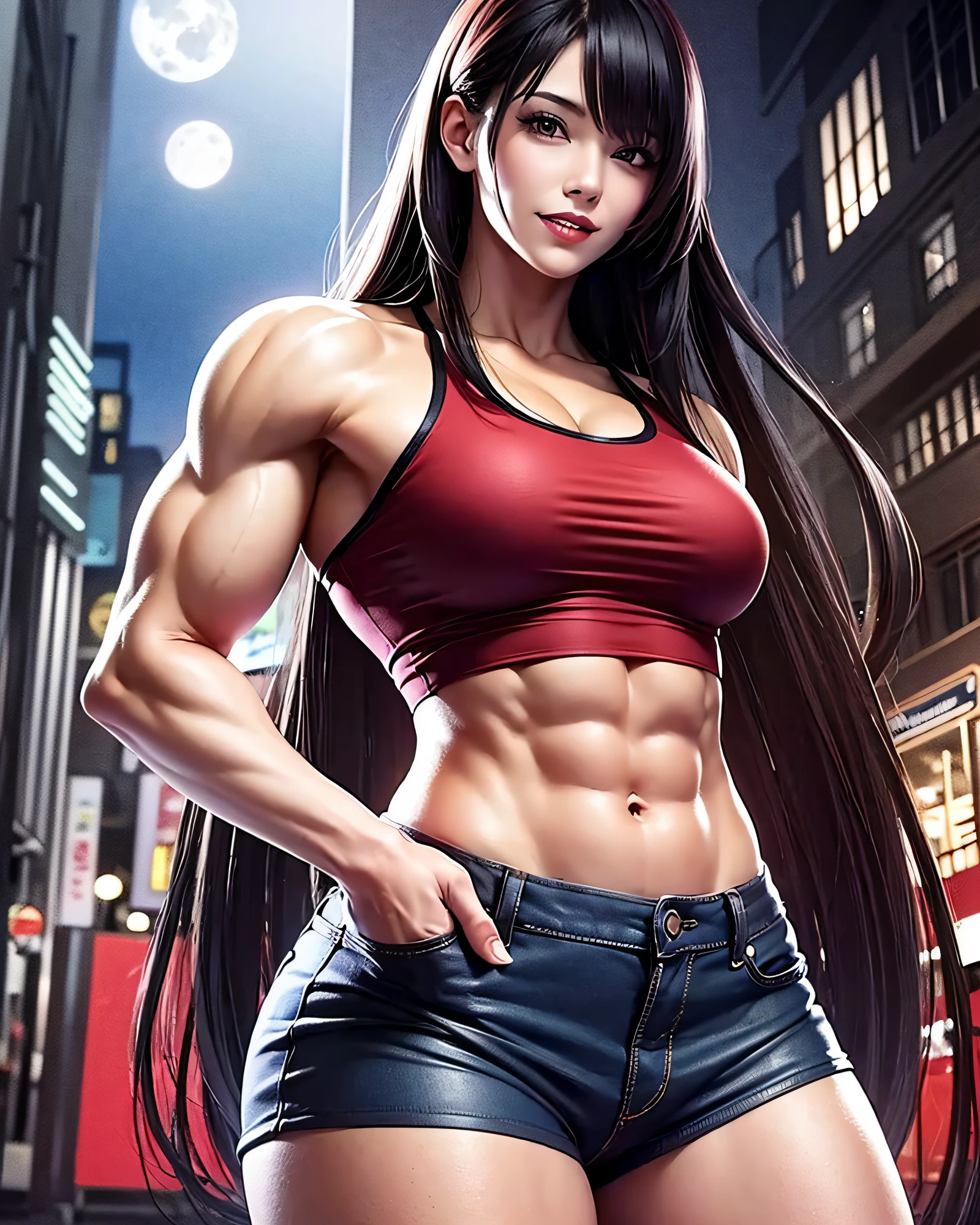 (masterpiece, best quality:1.37), ultra-detailed:1.37, hyper-sharp:1.37, anime style, An illustration of a female vampire bodybuilder, The female vampire bodybuilder is 2m tall and has a muscular build. A female vampire bodybuilder wears a tank top and shorts, exposing her muscles. A female bodybuilder is standing in a night street under the red full-moon, seductive grin smile, vampire theeth, vampire fang, vampire style fashion,
