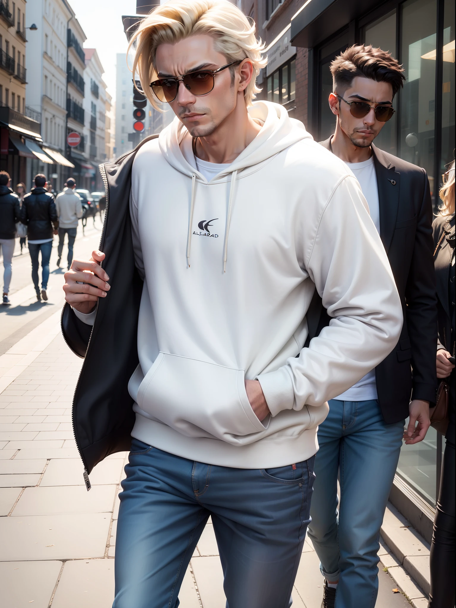 An Allard man wearing a white sweatshirt and sunglasses walks down the street, 2 0 2 3 Fashionable, Wear a light sweatshirt, casual modern clothing, Wearing a white sweatshirt, fall season, With sunglasses, Wear a sweatshirt, calvin klein, lifestyle, casual clothing style, Wear a loose sweatshirt, Autumn, Wear a cotton sweatshirt, Casual clothing