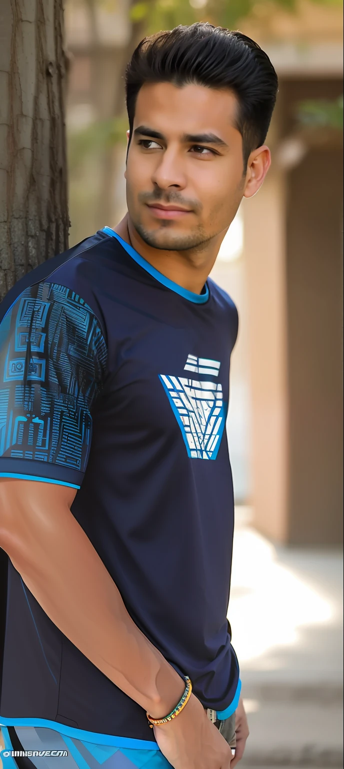arafed man standing next to a tree with a blue shirt, wearing netrunner clothing, mix between tribal and hi-tech, mid shot portrait, cybertech wear, front side, blue and black, cybernatic, side view future coder man, in tshirt, hyper int