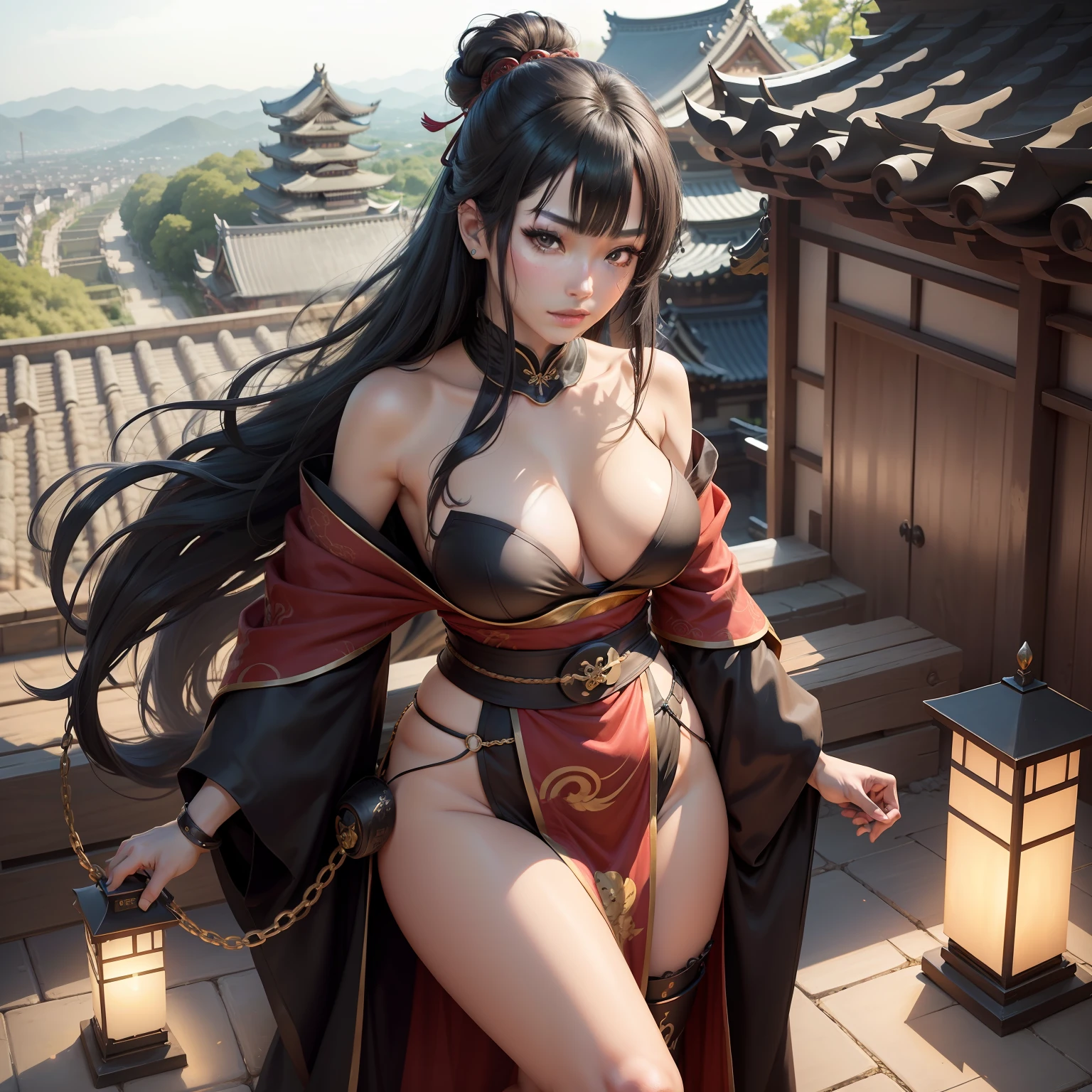 1womanl、high-level image quality、masterpiece、8K、accuracy、Lessons of Nindo(Golden Dong Bird China)、adult lady、glamor、Kunoichi、Female ninja、Longhaire、long hair to the waist、Very black hair、Untrimmed hair、Sharp eyes、Scary look、Ninjutsu costumes、Red kimono on top、Black band、or slit、Barefoot peeping、Chain mail in right hand、Left hand is a prosthetic hand、The background is Himeji Castle、Time is night、Running on a tiled roof