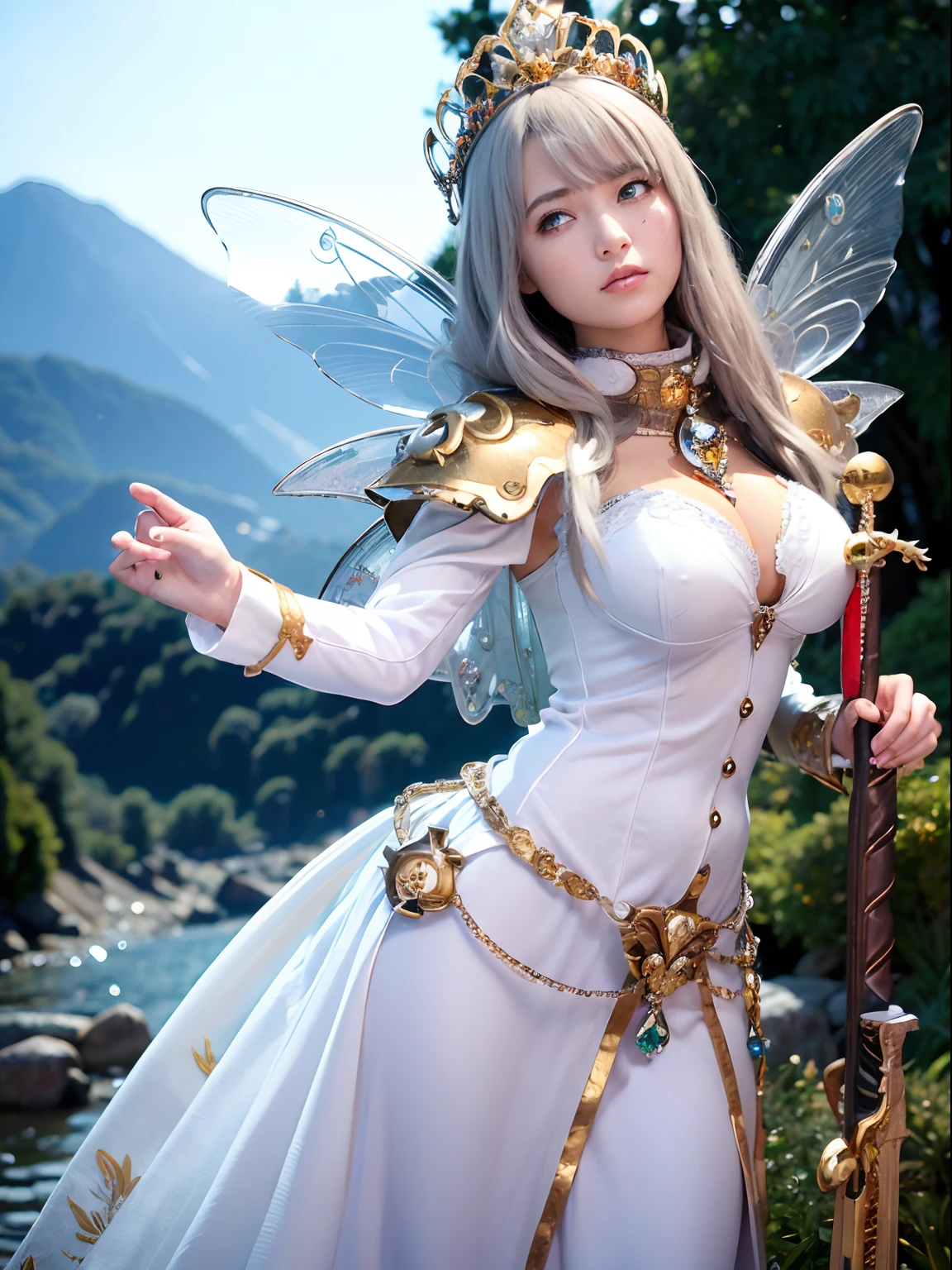(masutepiece), Professional , ​masterpiece、top-quality、photos realistic , depth of fields （Gemstone Silver Metal Body:1.９),(Matte White、Jewel Gold Weapon、（Gorgeous castle background）、（ultimate beauty girl）、（Fairy wings grow on her back）、（Jewel Metal Body:1.９),Gorgeous Jewel Metal Weapons , Detailed Sword of the Brave ,（ Tears from the eyes）   ,warhammer 40k , adepta sororitas,Detail and ornate jewel crown、独奏、Brown hair、（Gangle's forest background）、Beautiful Caucasian beauty、１a person、dynamic ungle,(((Diamond tiara with detail and luxury)))、a small face、Powerful poses、（Gorgeous castle background）、huge filesize、20 year old beautiful woman、Stand in the center of the screen、Thin female fingers、Straight long hair、Beautiful Caucasian beauty、cleavage of the breast、