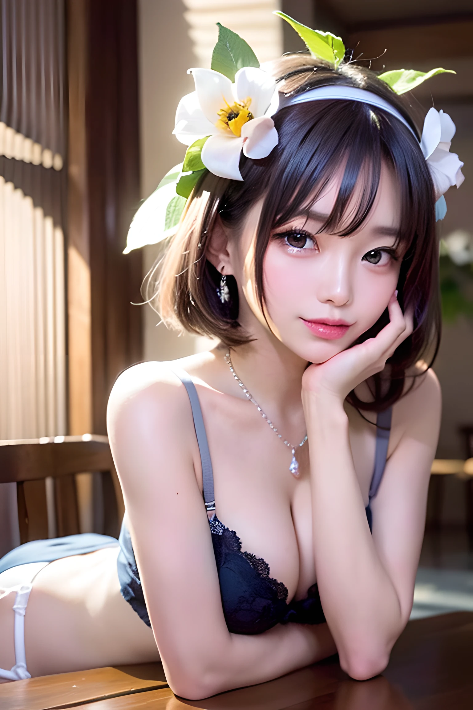 (((Dining table on a stool)))((Cover chest with one hand ,No top))，Open feet，Head flower decoration，Very many petals，Pouting slightly，The back exposes the buttocks，The kinky is exposed，????? women，Butt up，Hands and feet apart，Soft sunken bed，table lamp，（（tmasterpiece）），on  back，?????，（realisticlying：1.2） tmasterpiece， best qualtiy， high high quality， absurderes， rich colourful， stunning art， best qualtiy， ultra - detailed， beautifuldetails， reflective hair， Good lighting， Ray traching， depth of fields， ultra - detailed， illustratio， astounding， finedetail， The is very detailed， （（ultra - detailed））， （Beautiful Meticulous Girl）， Beautiful detail glow， Complicated details， A high resolution， Extremely refined and beautiful， beatiful detailed eyes， hdr， Round eyes， detailedfacialfeatures， （Round pupils：1.4） （illustratio）， （美丽细致的眼睛）， （very vey very detailed face））， depth of fields， （alluring face）， （evilsmile：1.3）， parted lip， （looking at viewert：1.1）， closeup cleavage， wide wide shot， Side Body， photore， ???? poses ， Moody light， Sistine Phil Beldev，， leges， ssmile， daysies，（（（tmasterpiece，Best quality，A high resolution）））），Extremely detailed 8K，Beautiful girl with busty body，（hyper HD，ultra - detailed，High detail，high realistic，Ultra-realistic，Photo realism），（1girll：1.5），（realistic dark hair），Short curly hair，Bob cuts hair，（Dynamic posture），Face the camera，A shallow smile，Open lips，Light blue eyes，Average chest，乳溝，（Beautiful and detailed face，Beautiful and delicate eyes），sweat leggs，luminous，（Sunlight，Sunlight），（Beautiful buttocks 0.5），Cover only your chest with your hands，hips bare，，Large-rim glasses，earring，Pink sexy yarn，（Black sexy lingerie、Black openwork underwear、Transparent embroidered tulle underwear set）Lace pantyhose、Lace gloves、Wedding headscarf、pearls necklace，Bridal bandana，（toppless）Very small panties（（Twine ?????? knot））（Place your hands behind your head to tie the knot）Only the genitals are covered,Moles under eyes, ((Gray-blue hair，Headbands，Headband))，Crystal glowing necklace，It is raining outside the floor-to-ceiling windows，misterious。