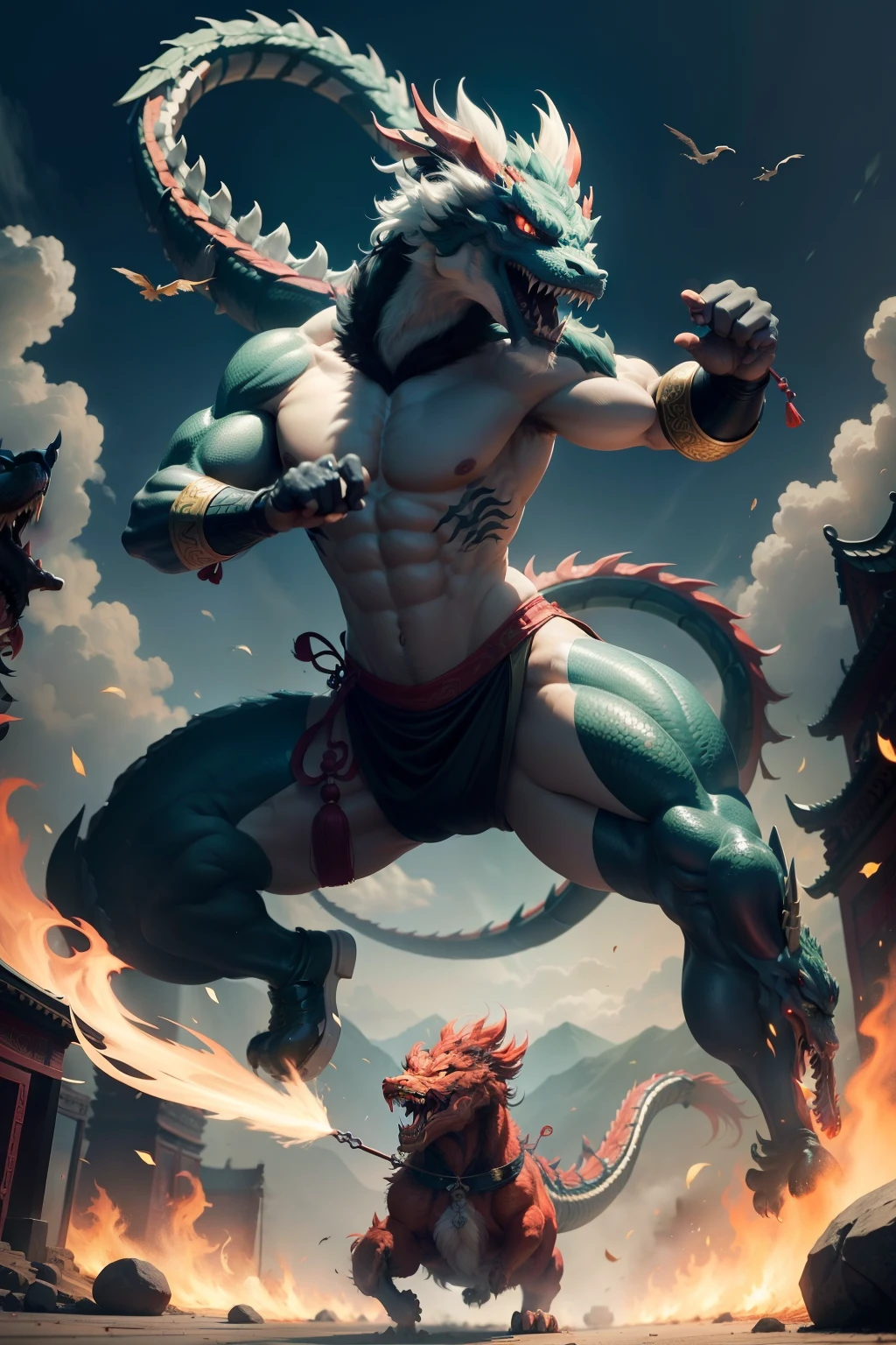 A Chinese dragon fights with a dog