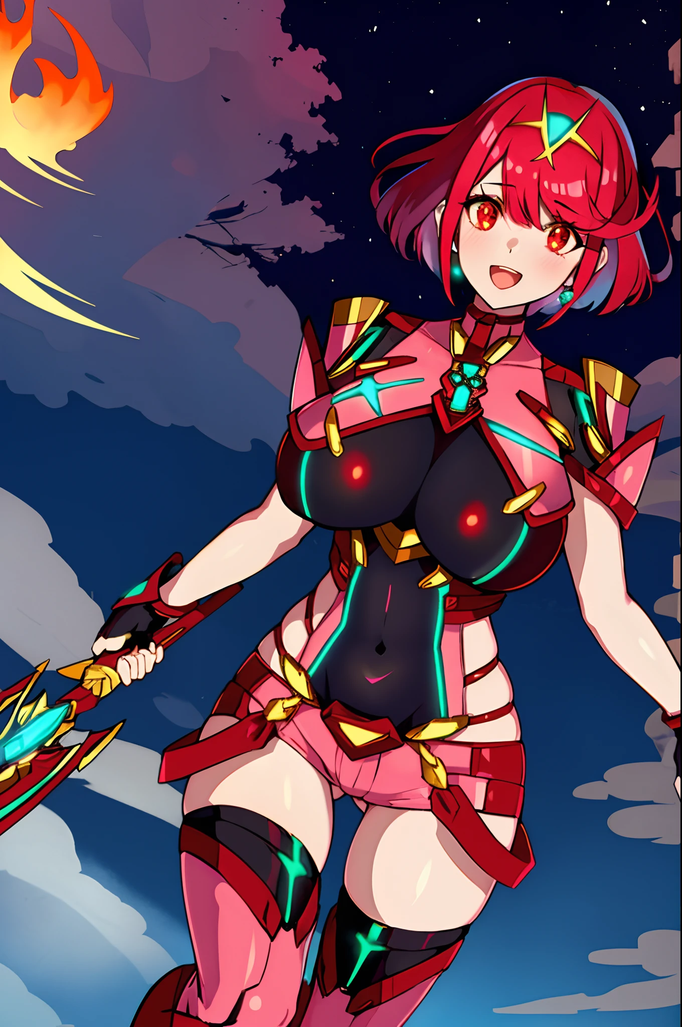 pyra \(xenoblade\), _1girl, armor, bangs, black gloves, breasts, red eyes, closed mouth, earrings, eyelashes, fingerless gloves, floating hair, framed breasts, gem, gloves, hair ornament, headpiece, jewelry, big_breasts, leaning back, leotard, neon trim, official art, pose, red hair, red shorts, saitou masatsugu, short hair, short shorts, short sleeves, shorts, sidelocks, skin tight, solo, standing, swept bangs, thighhighs, tiara, night_prairie_background, turtleneck, underbust, vambraces, xenoblade chronicles \(series\), (xenoblade chronicles 2), apart_legs, fire_effect,dynamic_pose,fighting,light_smile, (plump:1.1), big_ass,huge_sword, hold_large_sword_hilt, solo, covered_nipples, covered_pussy,open_mouth,back_view, fists,
