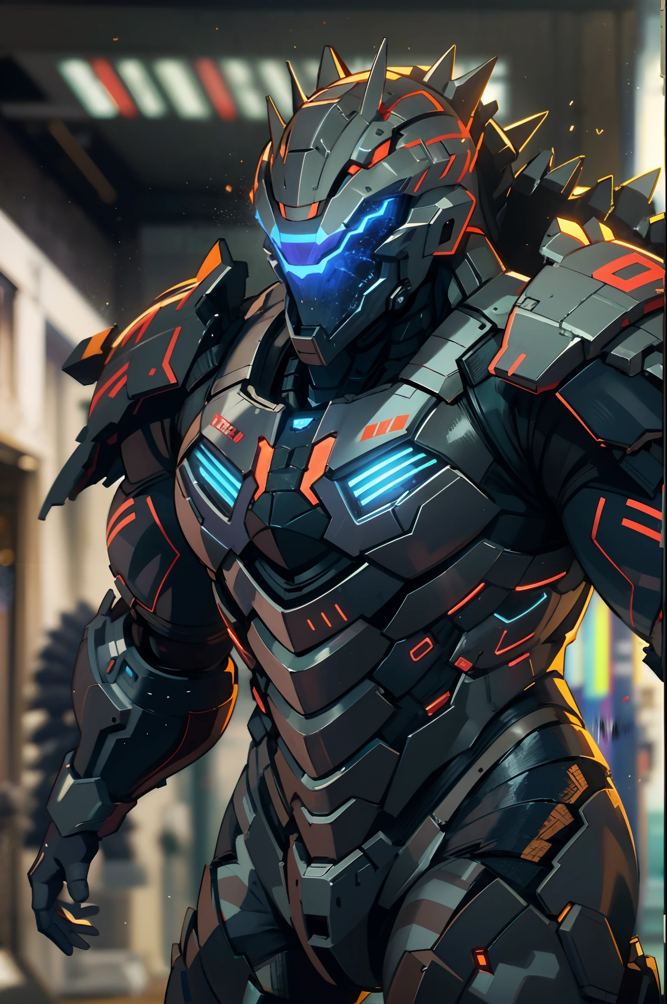 A high-tech combat armor suit inspired by Godzilla concept, Godzilla concept biotech battle armor, (Natural light, professional lighting:1.2, cinematic lighting:1.5, best shadow), (masterpiece:1.5), high definition, best quality, ultra-detailed, extremely delicate, anatomically correct, creativity, RAW photo, unreal engine 5, High-tech armored suits, psychedelic details, BiophyllTech, (add electric power around), fantasy, ultra intricately detailed, Ultra-complex design, A bio-sensitive high-tech battle armor suit infused with Godzilla characteristics, The angular design on the body is illuminated and the display is charging, (energy waves, Energy particles), octane render, perfect images quality, realistic, sure real, full hd, 32k, ((character concept art)), full body character drawing