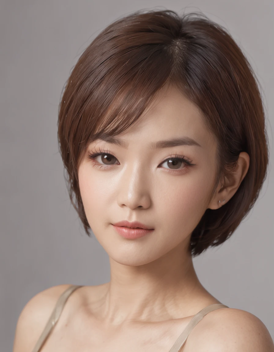 Arafe asian woman, short hair, beautiful upper body, ((pleasure, pleasant)), (naked: 1), (see-through lingerie: 1),
