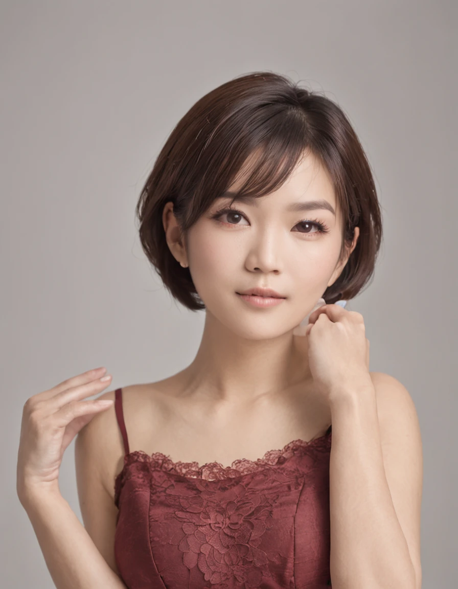 Arafe asian woman, short hair, beautiful upper body, ((pleasure, pleasant)), (naked: 1), (see-through lingerie: 1),