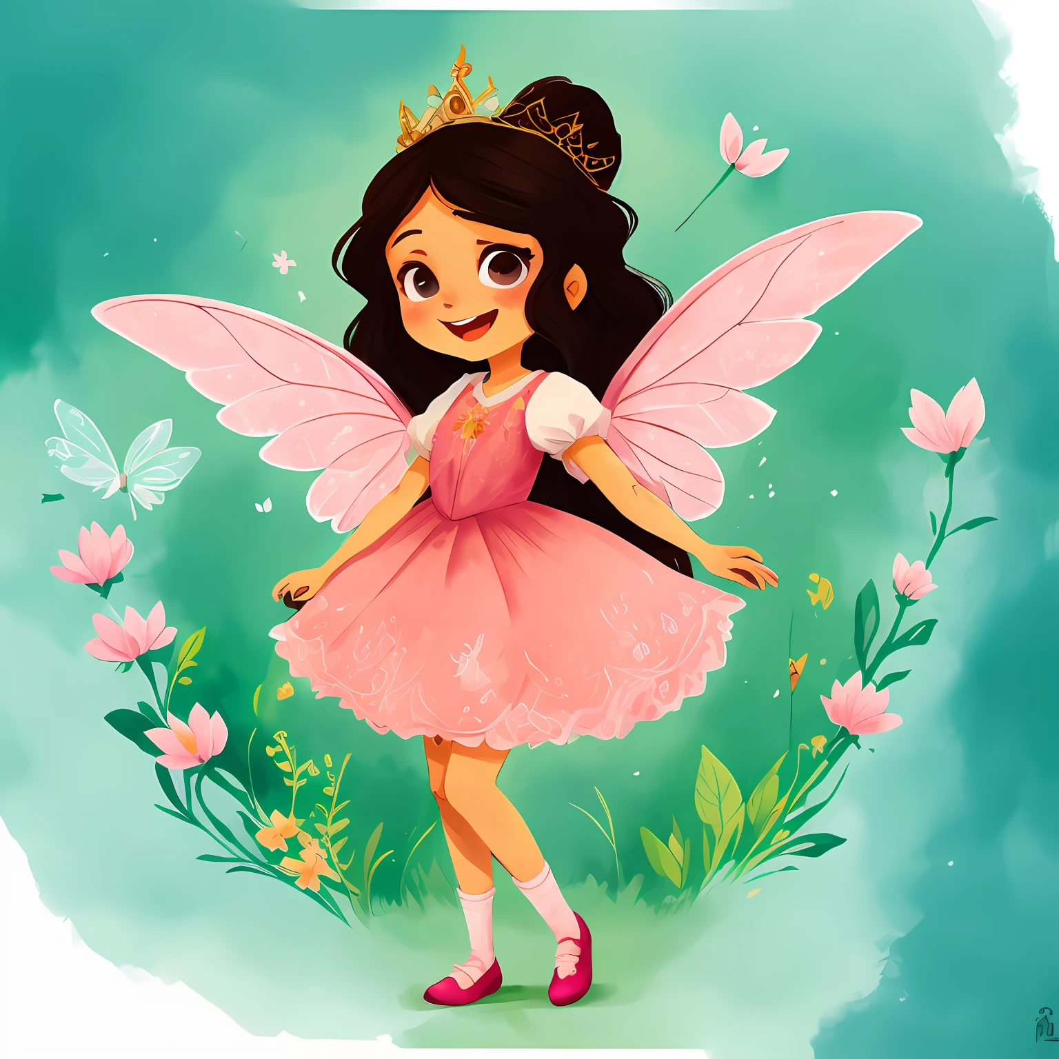 Fada dos desenhos animados cartoon com cabelo castanho longo e vestido rosa com branco, Andando corpo inteiro, full-body drawing showing feet, usando sapatilha rosa delicada, multiples poses and expressions, com pequeno, Symmetrical fairy wings, fada bonita, sorrindo como uma rainha de fadas, menina fada morena, Retrato da princesa da fada, Retrato de uma fada, princesa fada, bela arte digital, Retrato da fada, space flower fairy, painting digital adorable, arte digital detalhada bonito fundo branco simples, fada bonita, Driving style: Marie Angel estilo desenho animado aquarelado, arte estilo aquarela 2D com fundo branco simples