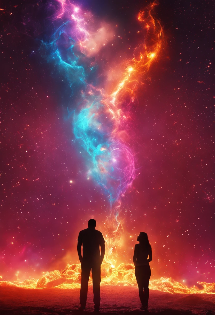 Side view of two men and women kissing in glowing galactic fire by al3xxl