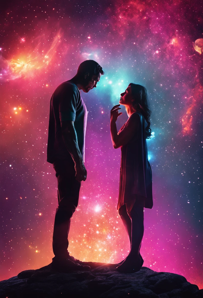 Side view of two men and women kissing in glowing galactic fire by al3xxl