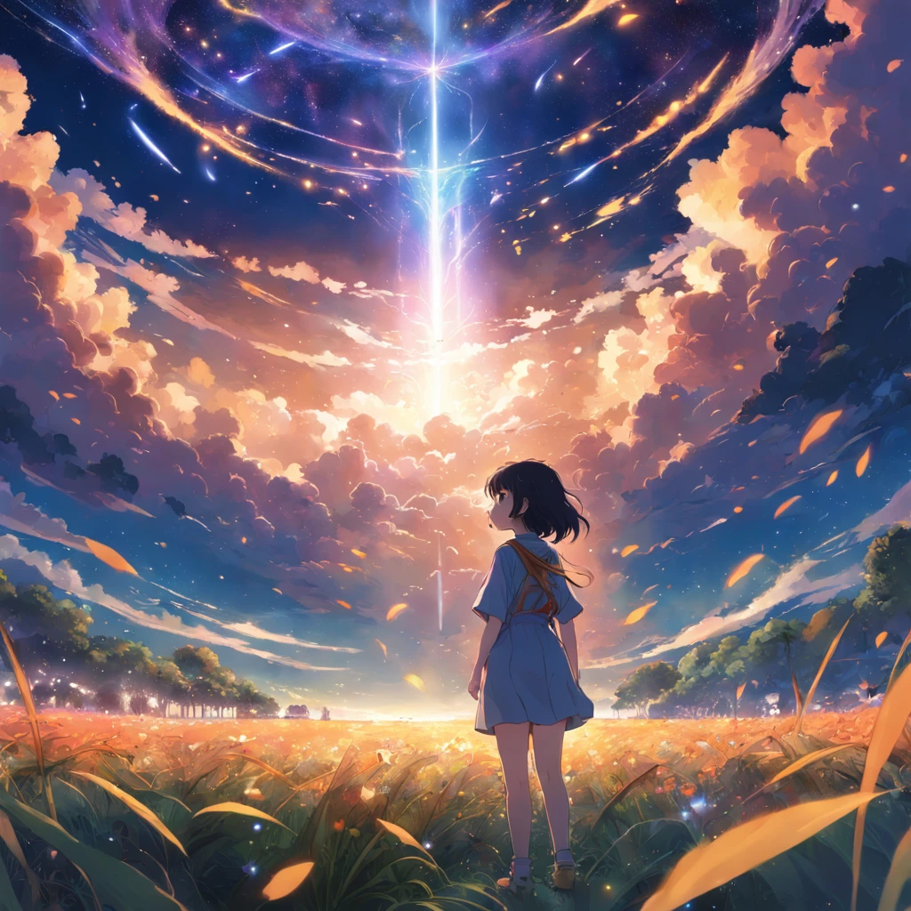 Makoto Shinkai, Expansive landscape photograph , (View from below，Displays the sky above and the clearing below), a girl standing on flower field looking up, (full moon:1.2), ( meteors:0.9), (Starcloud:1.3), Far Mountain, Tree BREAK Production Art, (Warm light source:1.2), (Firefly:1.2), lamp lights, lots of purples and oranges, Intricate details, Volumetric lighting BREAK (Masterpiece:1.2), (Best quality), 4K, Ultra-detailed, (Dynamic composition:1.4), Highly detailed, Colorful details,( Iridescent colors:1.2), (luminouslighting, Atmospheric lighting), Dreamy, magical, (Solo:1.2)