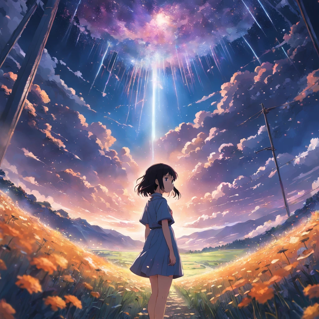 Makoto Shinkai, Expansive landscape photograph , (View from below,Displays the sky above and the clearing below), a girl standing on flower field looking up, (full moon:1.2), ( meteors:0.9), (Starcloud:1.3), Far Mountain, Tree BREAK Production Art, (Warm light source:1.2), (Firefly:1.2), lamp lights, lots of purples and oranges, Intricate details, Volumetric lighting BREAK (Masterpiece:1.2), (Best quality), 4K, Ultra-detailed, (Dynamic composition:1.4), Highly detailed, Colorful details,( Iridescent colors:1.2), (luminouslighting, Atmospheric lighting), Dreamy, magical, (Solo:1.2)