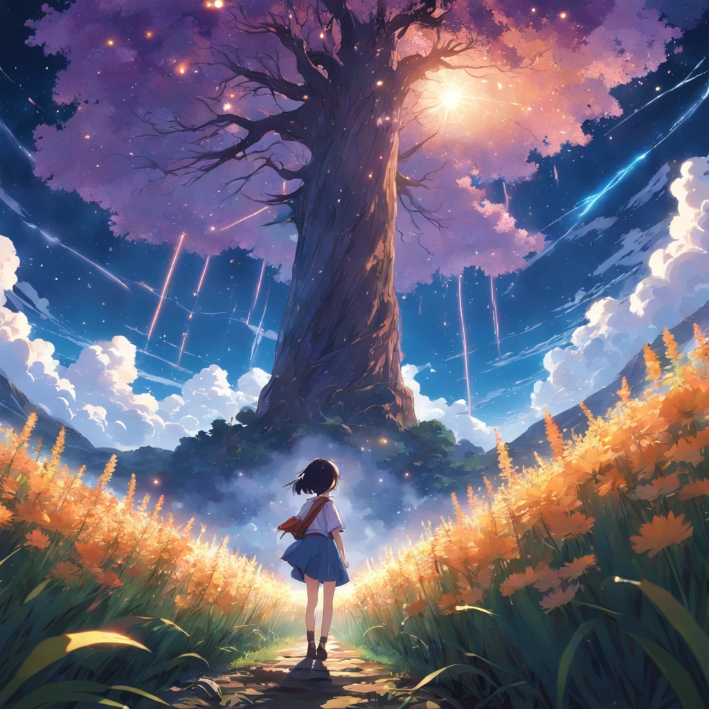 Makoto Shinkai, Expansive landscape photograph , (View from below,Displays the sky above and the clearing below), a girl standing on flower field looking up, (full moon:1.2), ( meteors:0.9), (Starcloud:1.3), Far Mountain, Tree BREAK Production Art, (Warm light source:1.2), (Firefly:1.2), lamp lights, lots of purples and oranges, Intricate details, Volumetric lighting BREAK (Masterpiece:1.2), (Best quality), 4K, Ultra-detailed, (Dynamic composition:1.4), Highly detailed, Colorful details,( Iridescent colors:1.2), (luminouslighting, Atmospheric lighting), Dreamy, magical, (Solo:1.2)