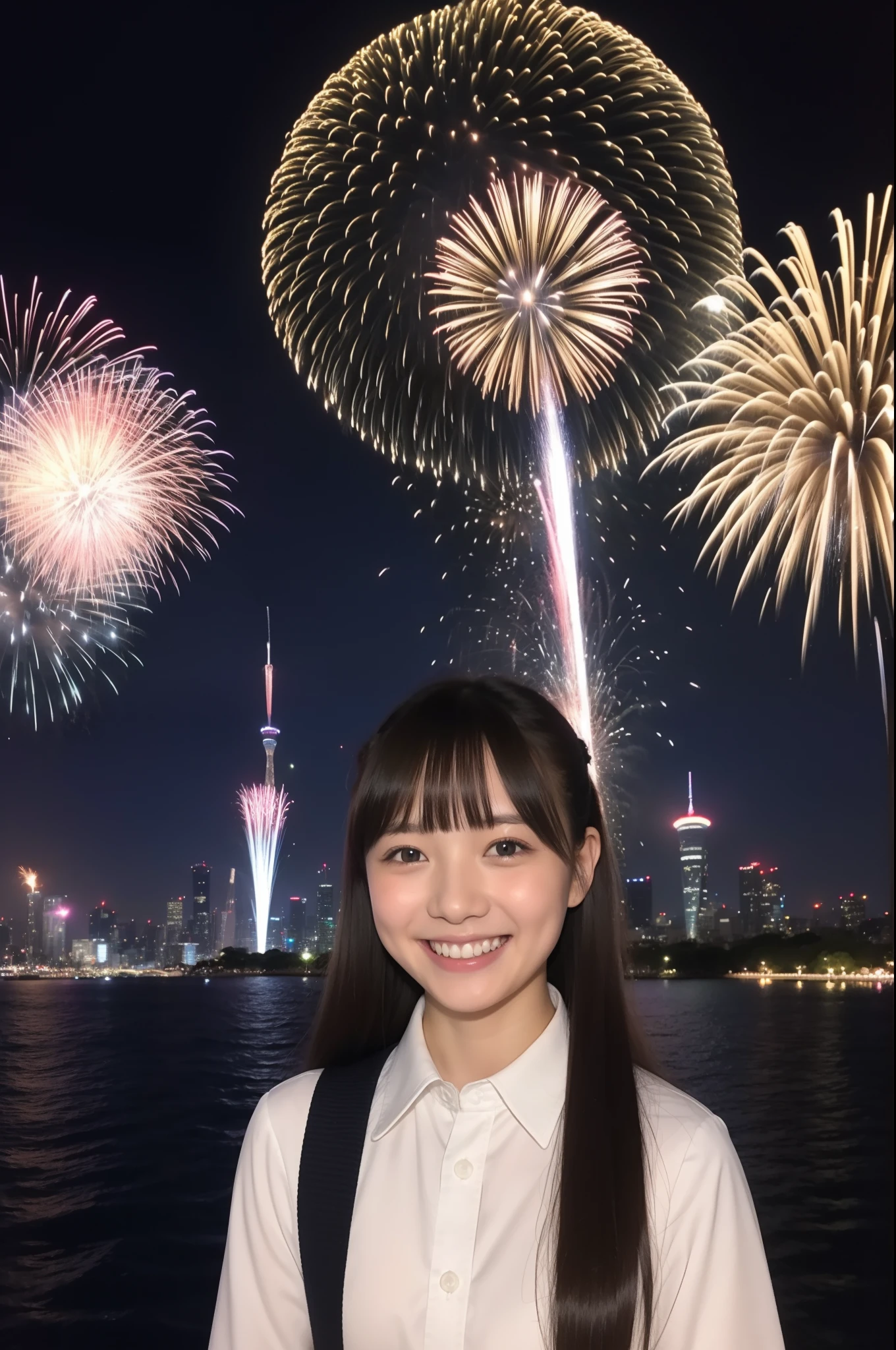 A smile、hi-school girl、校服、While doing fireworks、mare、Tokyo Skytree