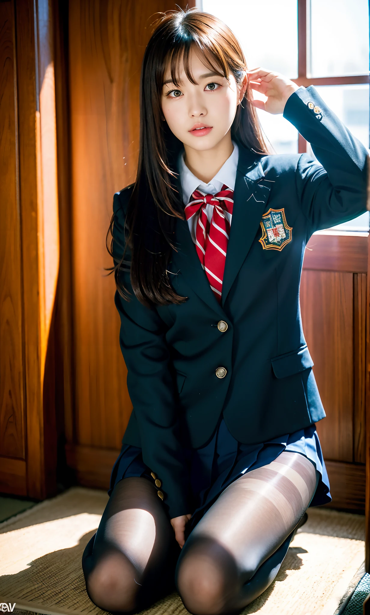 ulzzang-6500-v1.1, (Raw photo:1.2), (Photorealistic:1.4), Beautiful detailed girl, Very detailed eyes and face, Beautiful detailed eyes, Ridiculous, Incredibly ridiculous, Ultra detailed, High resolution, Very detailed, Best quality, Masterpiece, ((Japan girls' high school uniform)), In the classroom, by the window and outside the blue sky, unified, 8k wallpaper, fantastic, fine detail, masterpiece, top quality, highly detailed cg uniform 8k wallpaper,movie lighting,  girl, (dynamic pose))), (camel toe), (knee bending leg sitting))